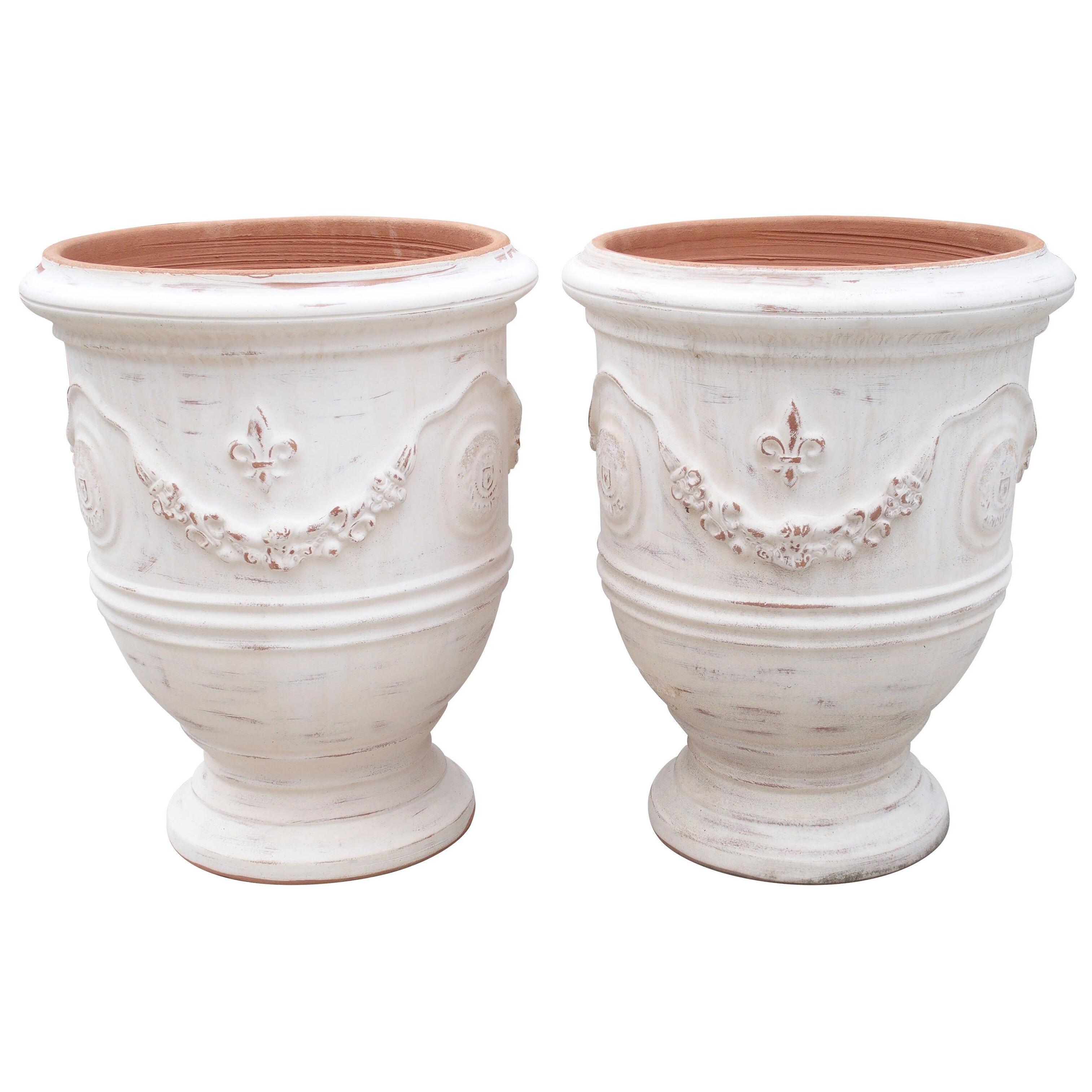 Pair of Antiqued White Fleur-de-Lys Anduze Pots from France