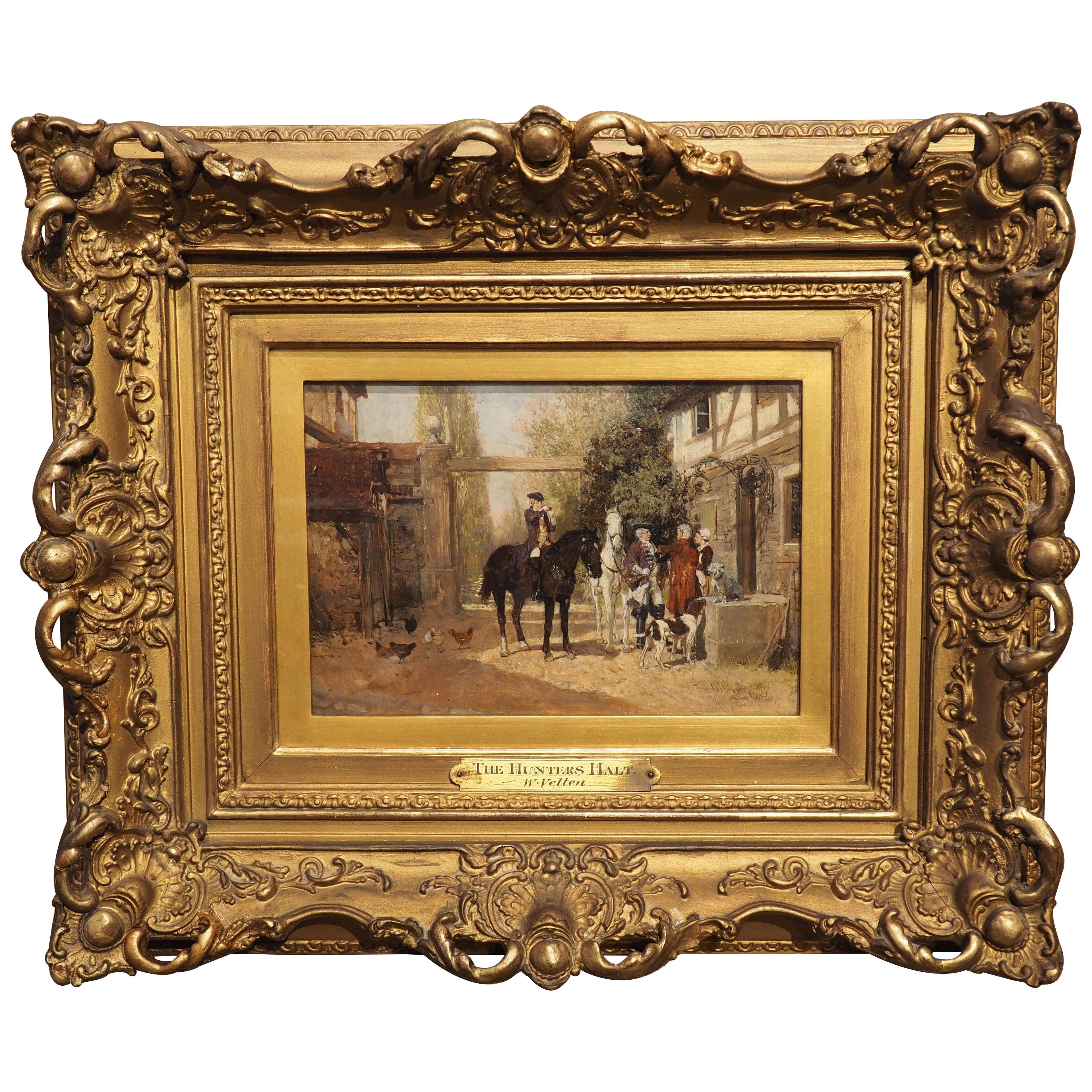Small Antique Hunt Scene Painting in Giltwood Frame by Wilhelm Velten