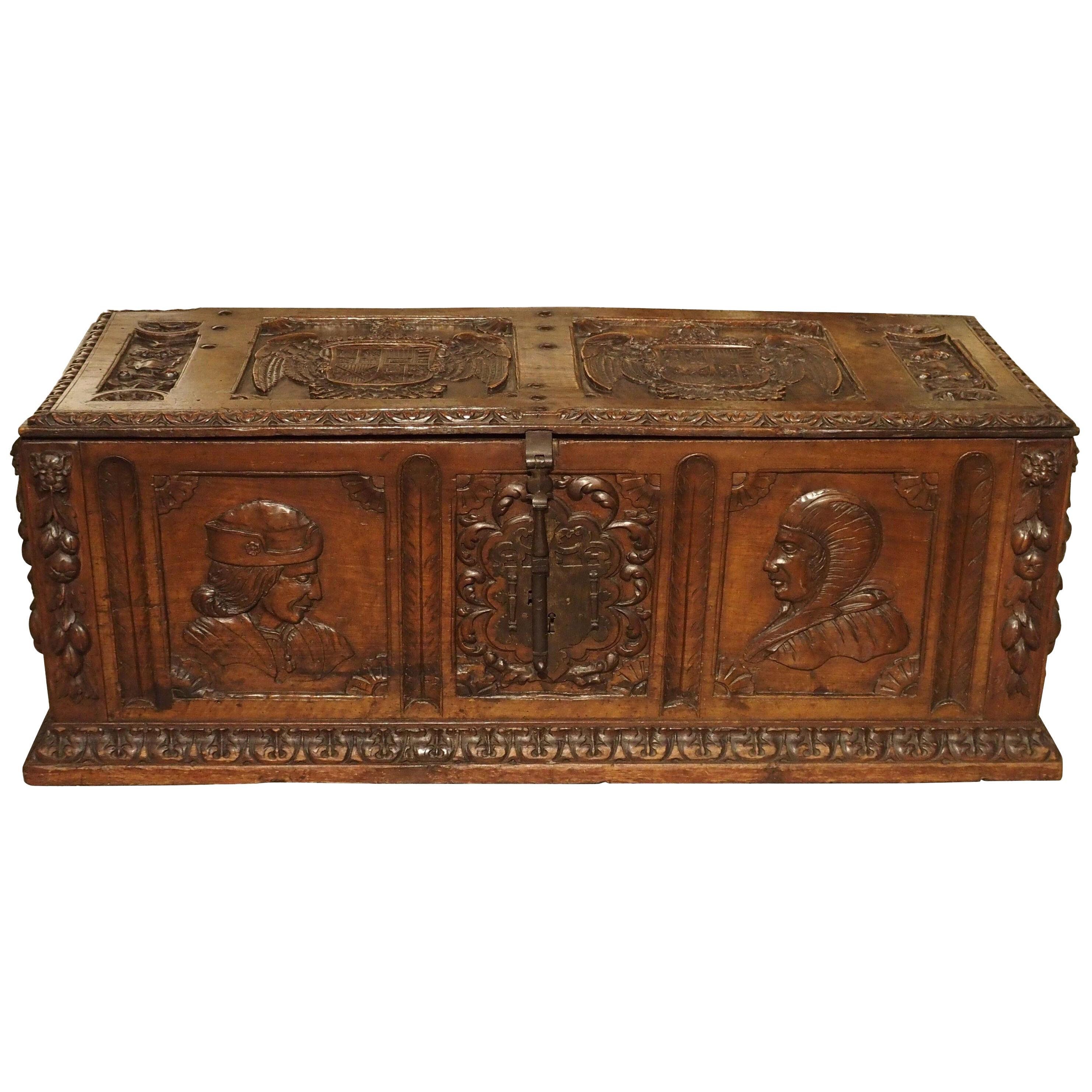 Antique Walnut Wood Renaissance Style Armorial Trunk from Spain