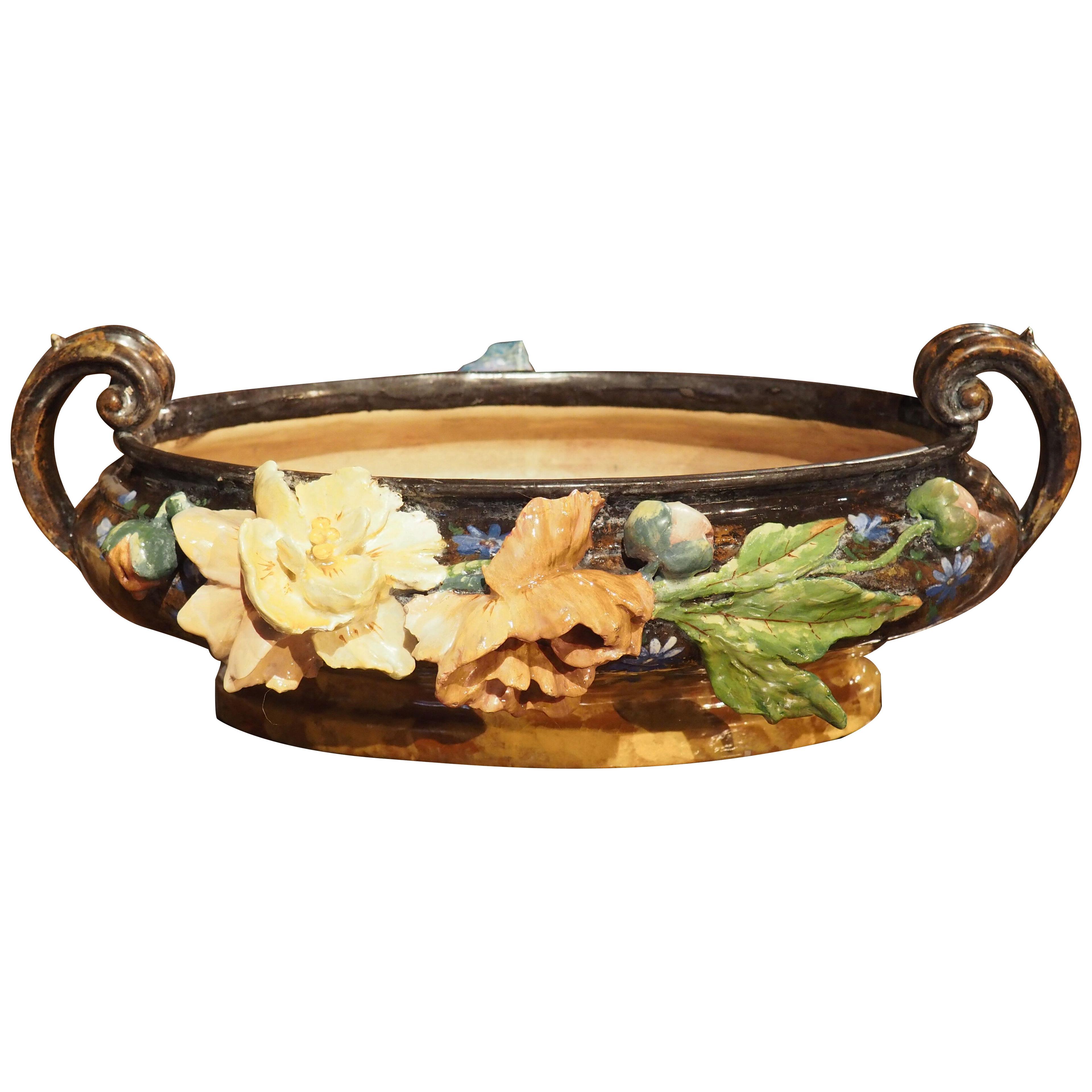 19th Century French Barbotine Jardiniere with Gros Relief Flowers