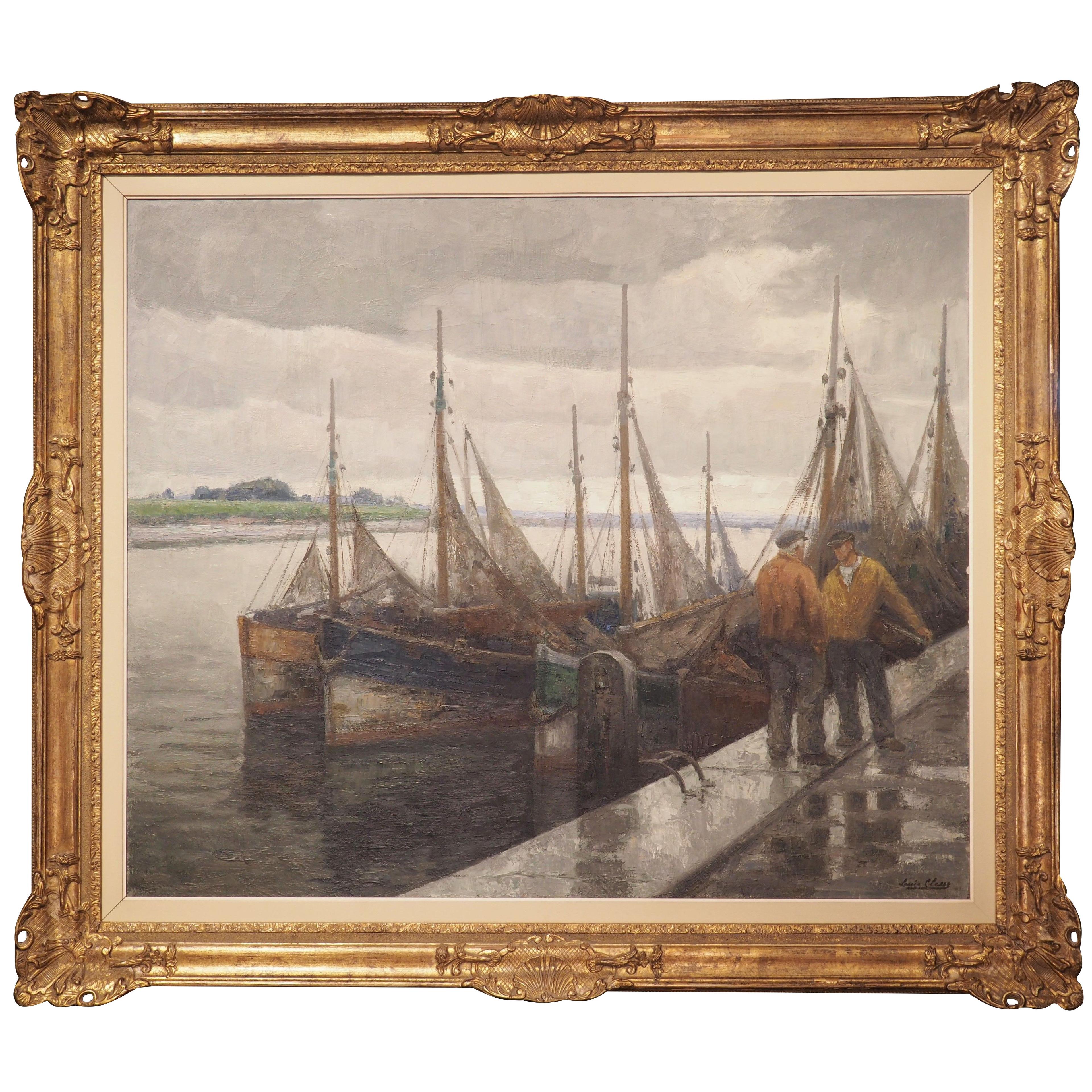 Large Oil on Canvas in Giltwood Frame, “Fishing Boats in the Port”, Louis Clesse