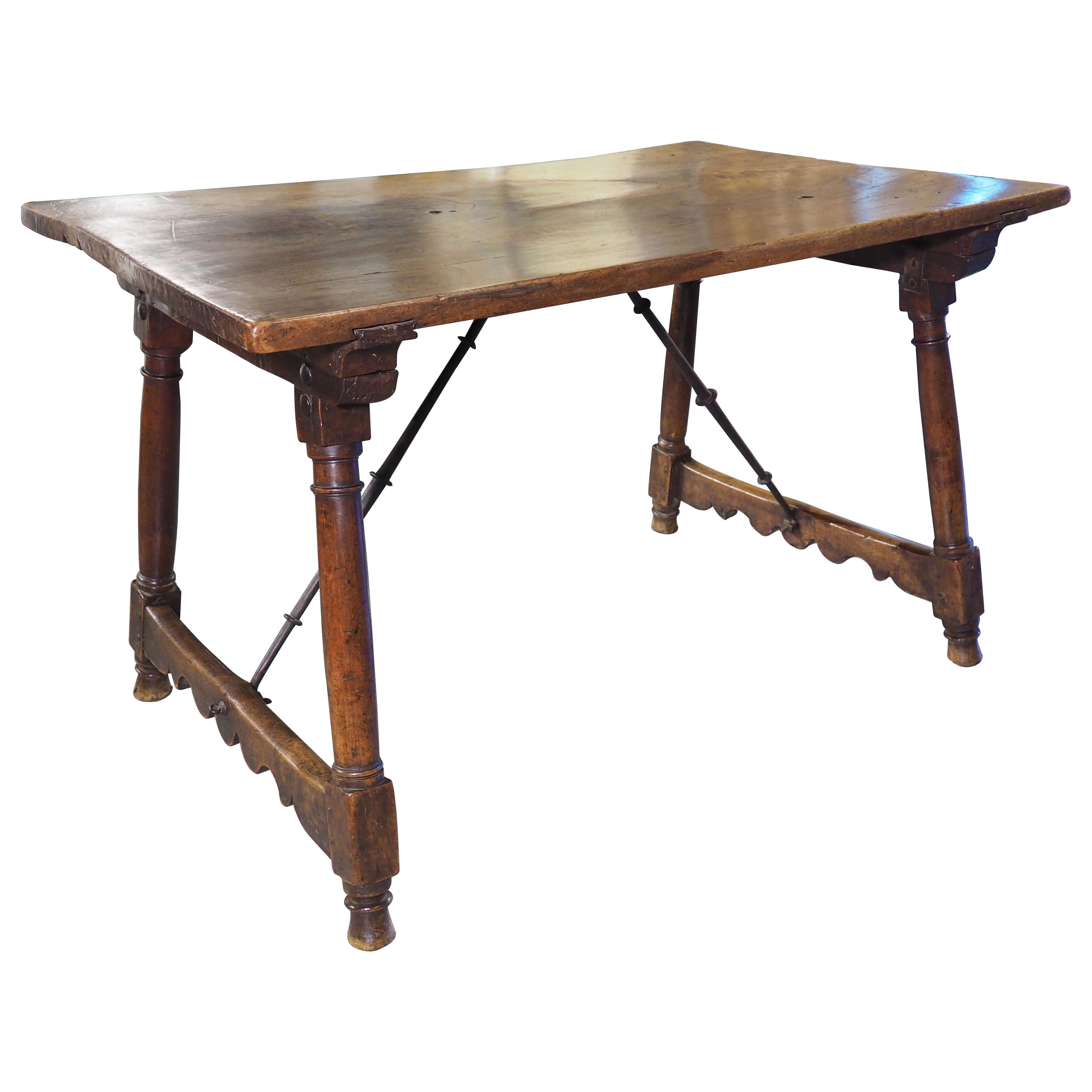 17th Century Single Walnut Plank Spanish Table with Iron Stretchers