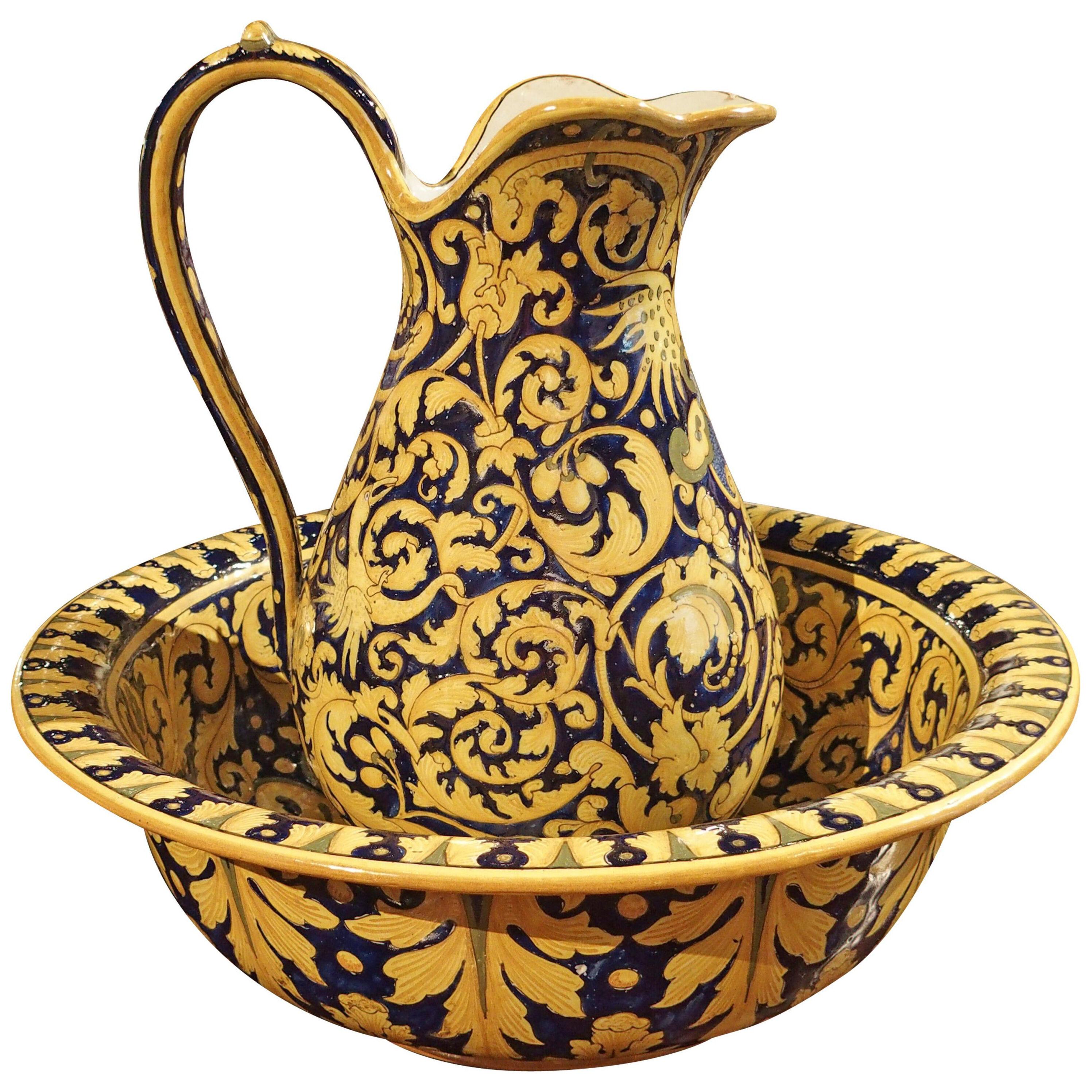 Antique Nevers Pitcher and Bowl from France, circa 1885