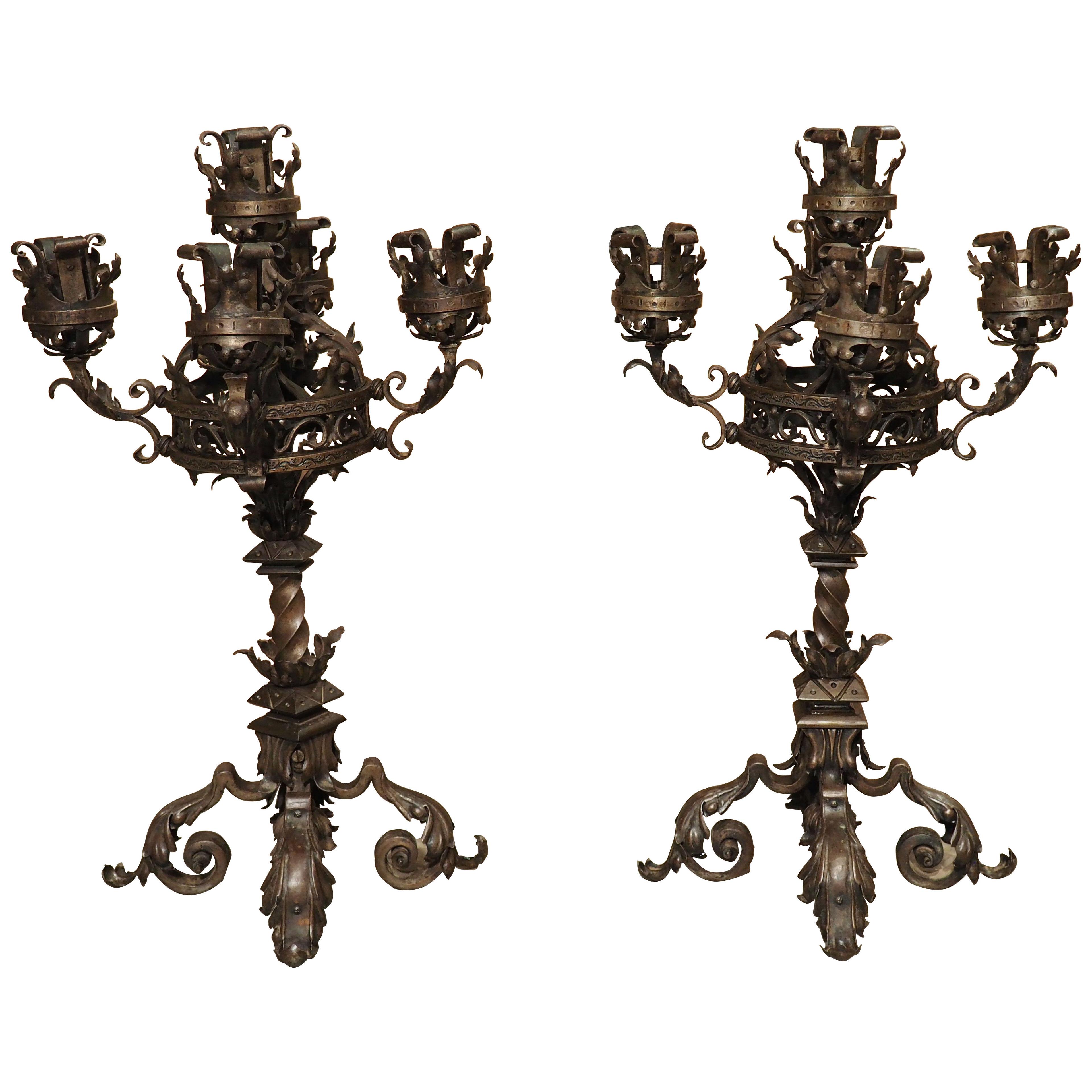 Pair of French Gothic Style Wrought Iron and Tole Candelabras, Early 1900s