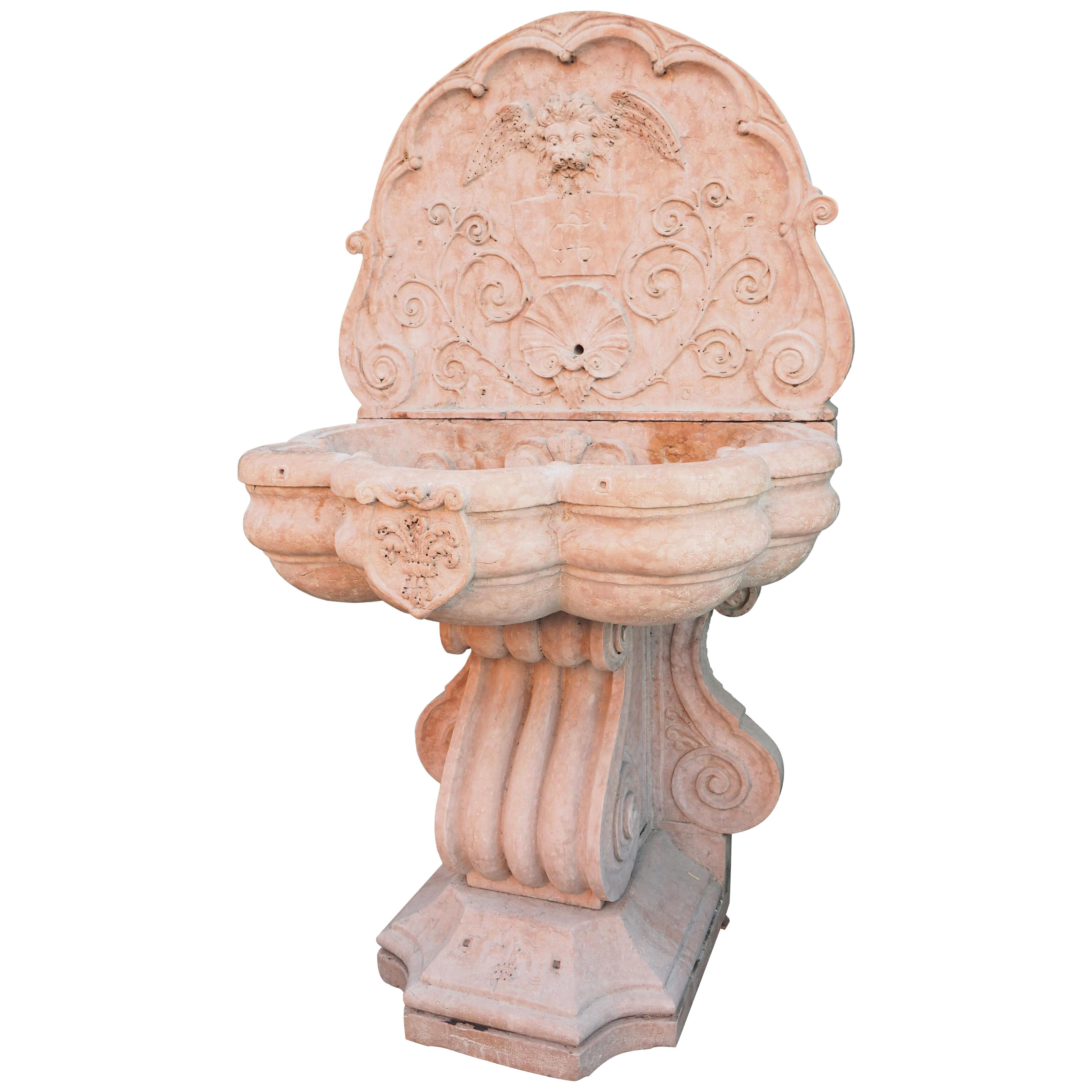 Monumental Italian Wall Fountain in Carved Verona Rossa Marble, Early 1900s