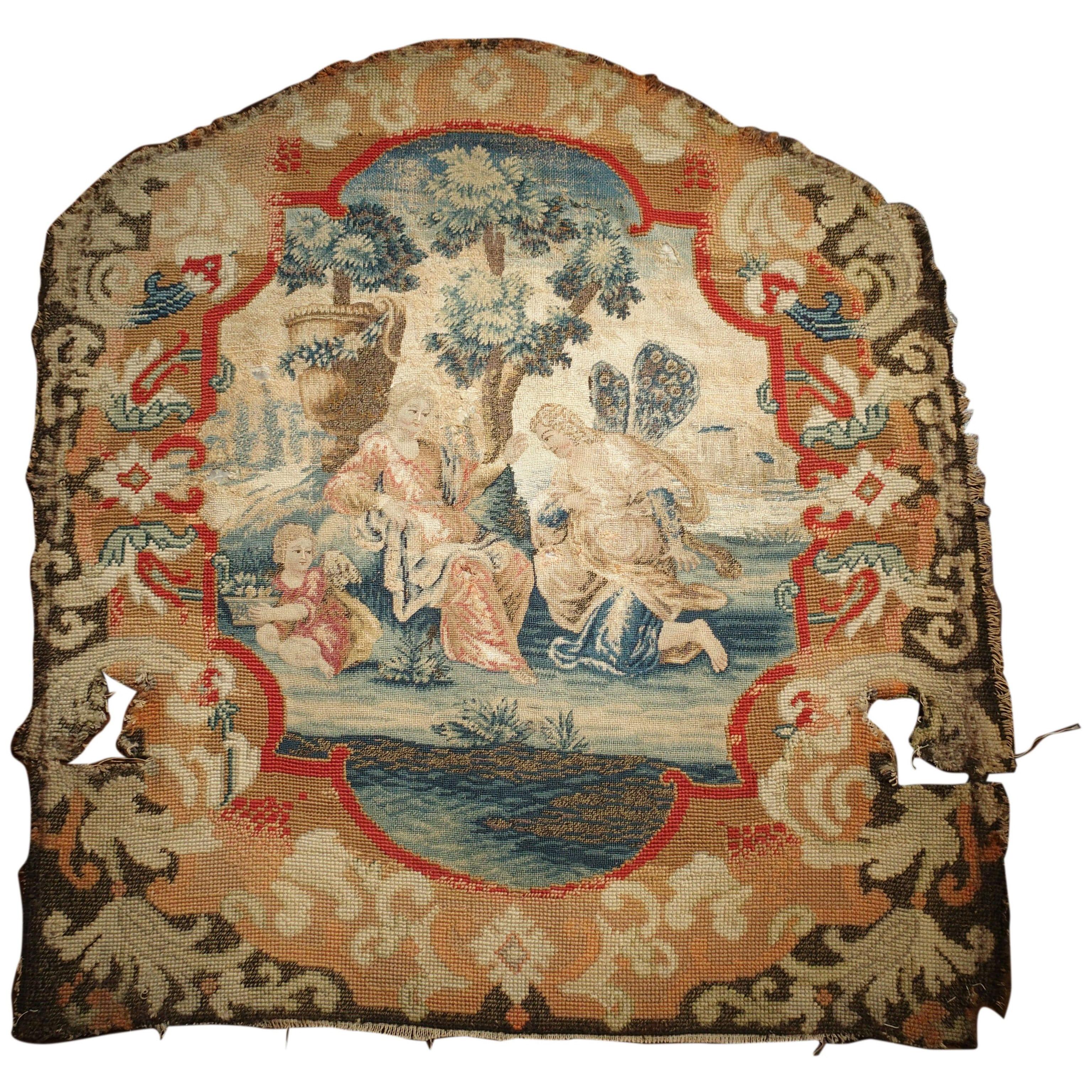 Rare 17th Century French Scenic Silk Tapestry with Needlepoint Border Chair Back