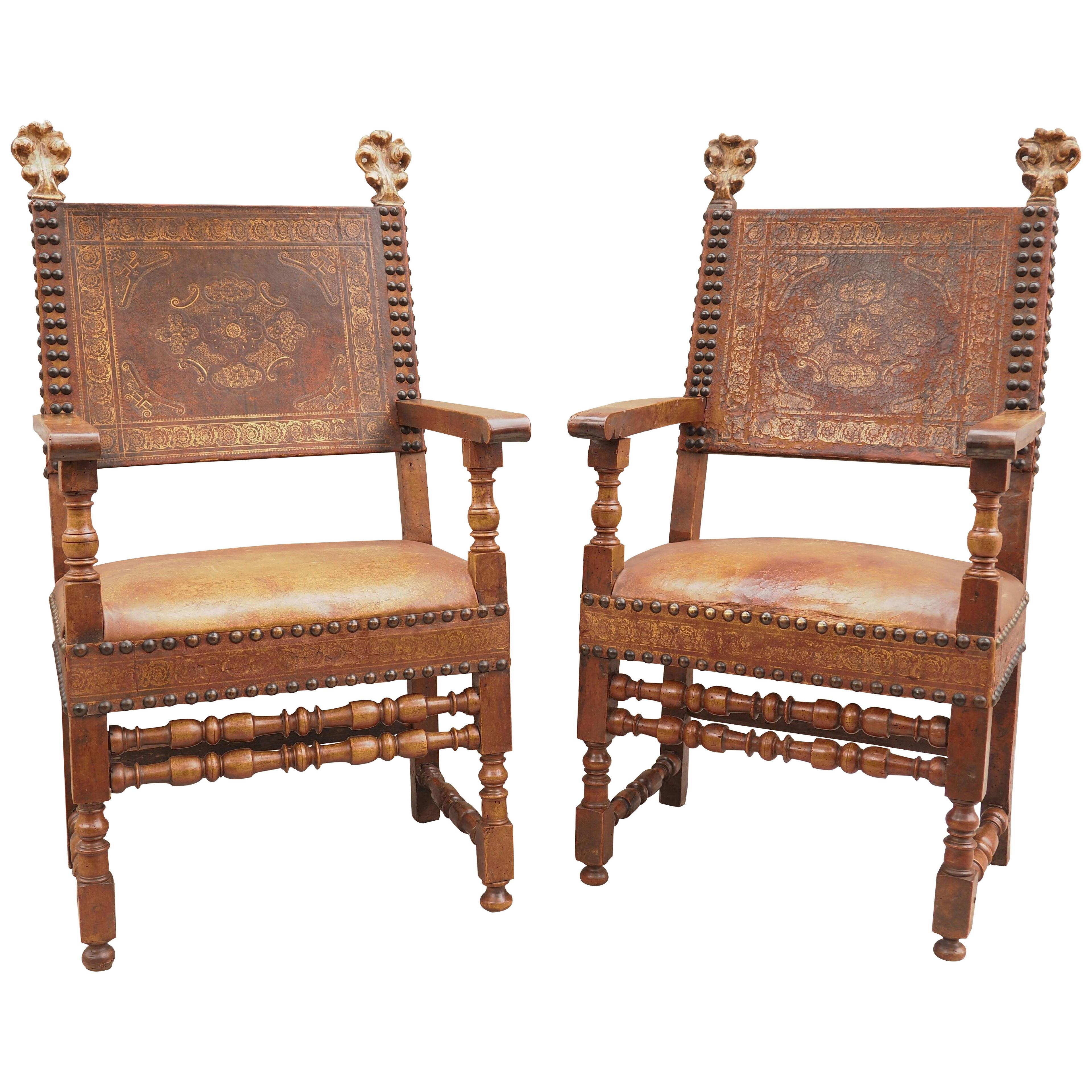 Pair of 17th Century Tooled and Gilt Leather and Walnut Armchairs from Italy