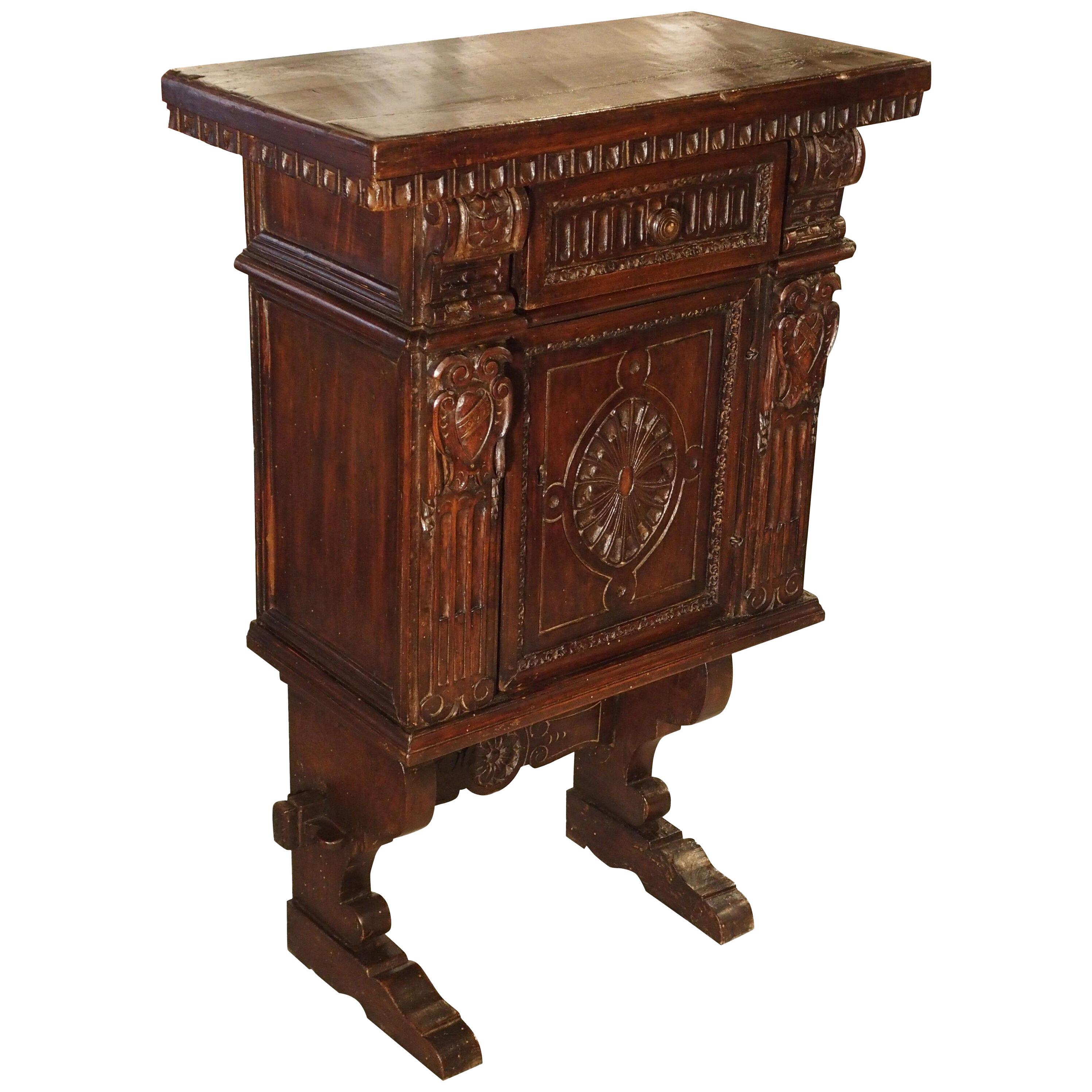 Small Antique Walnut Wood Renaissance Style Cabinet from Italy, Late 1800s