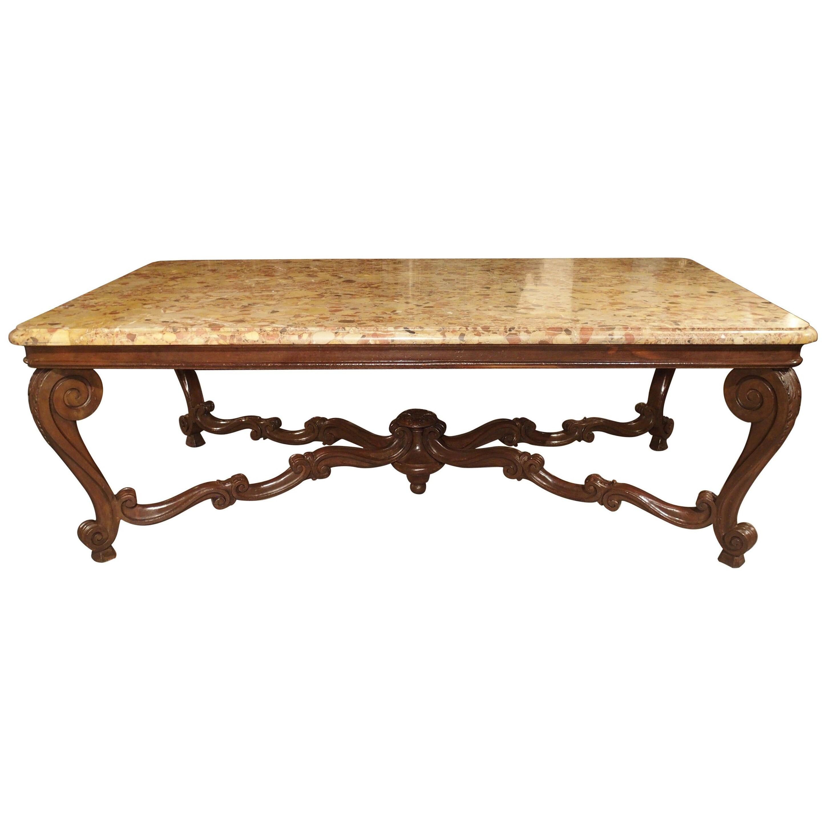 Antique French Louis XV Style Dining Table with Breche D’Alep Marble Top