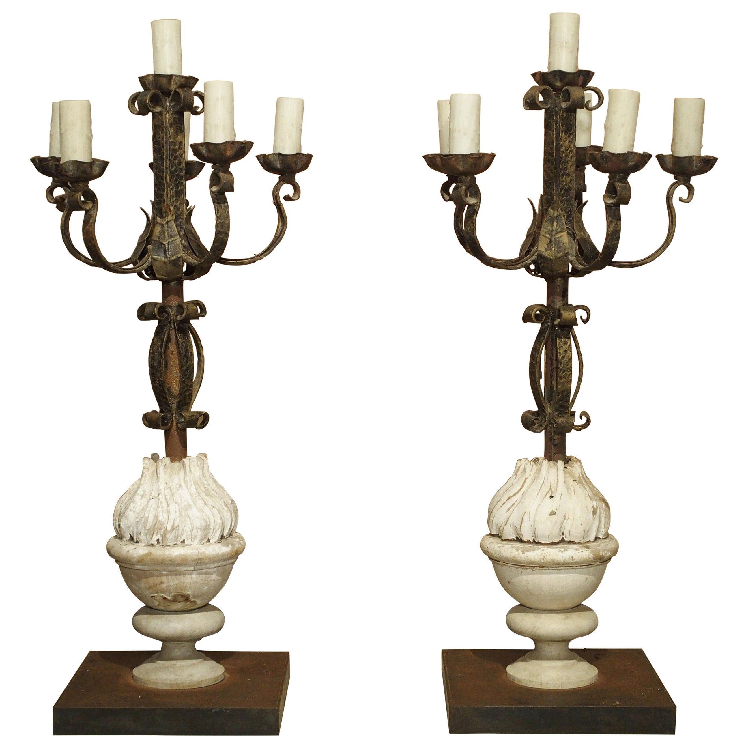 Pair of French Candelabra Lamps Made from Hand Wrought Iron and Antique Elements