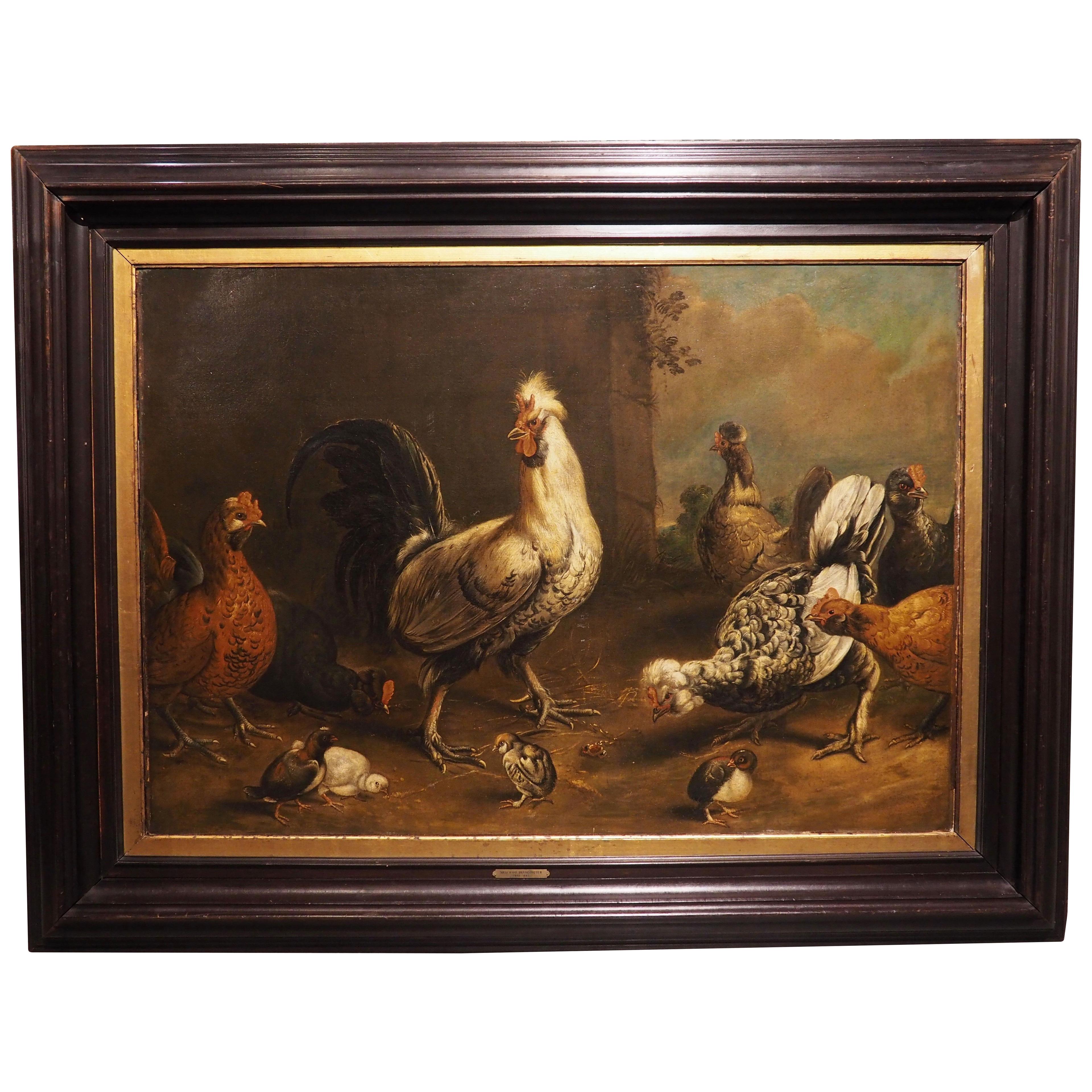 17th C. Dutch Painting of a Flock of Chickens, Attrib. to Melchior Hondecoeter