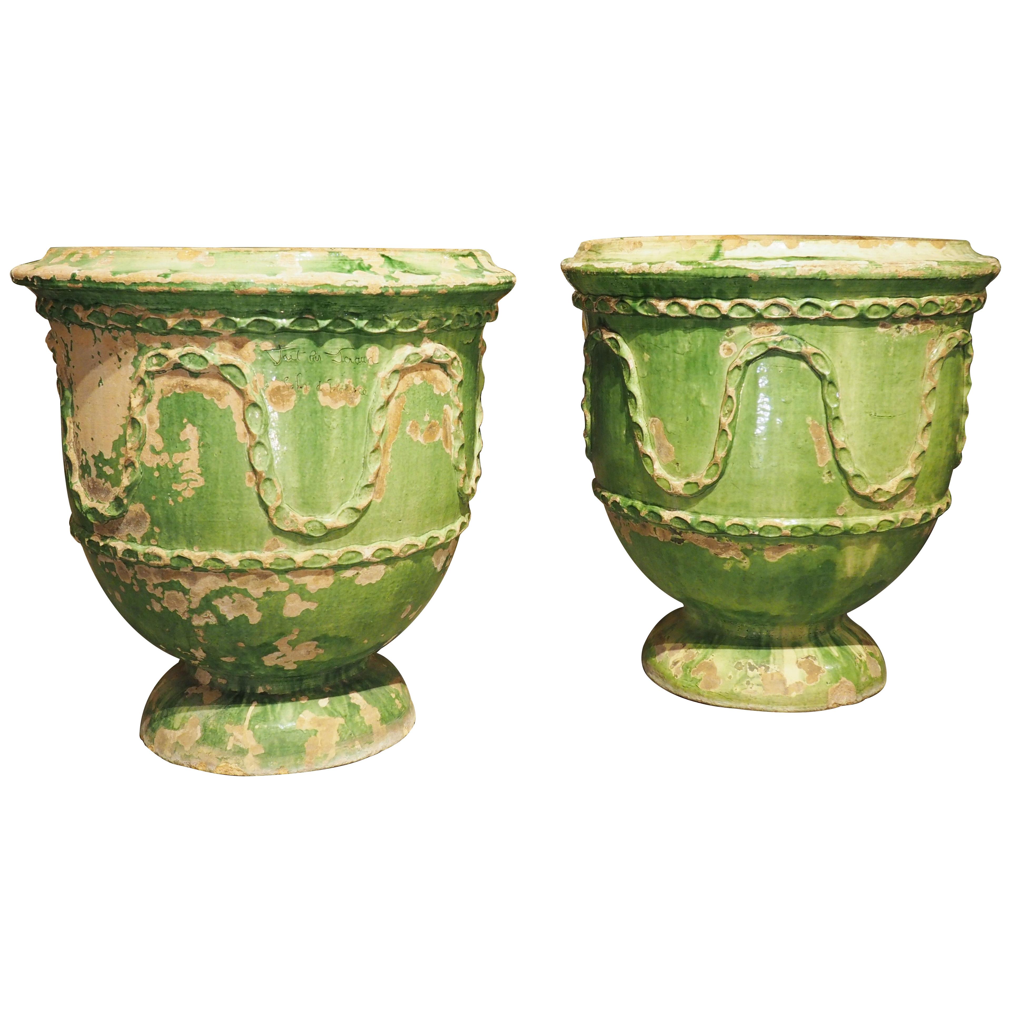 Pair of Antique Green Glazed Terra Cotta Pots, Salon-de-Provence, France, 19th C