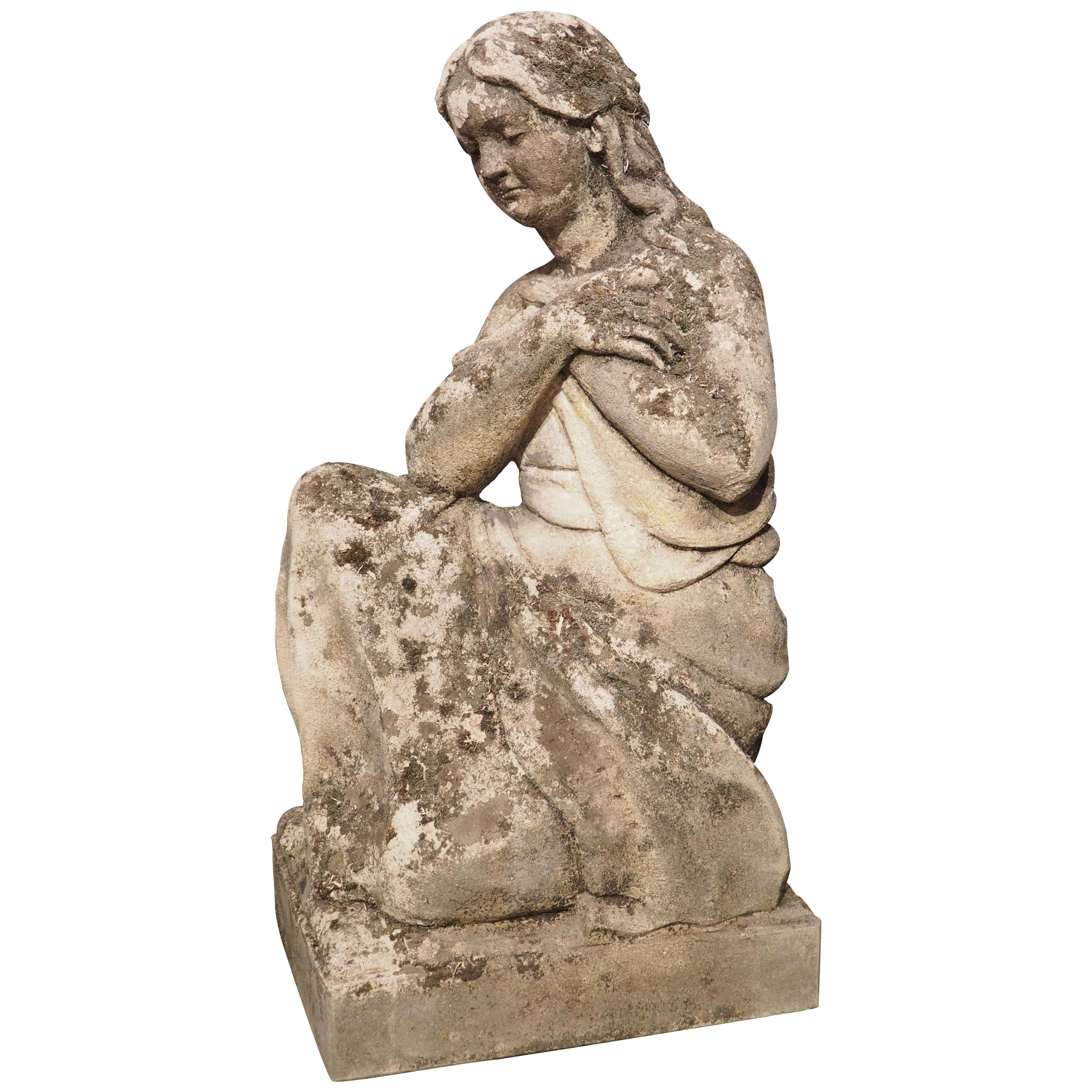 Finely Carved Italian Limestone Statue of a Woman Holding a Bird