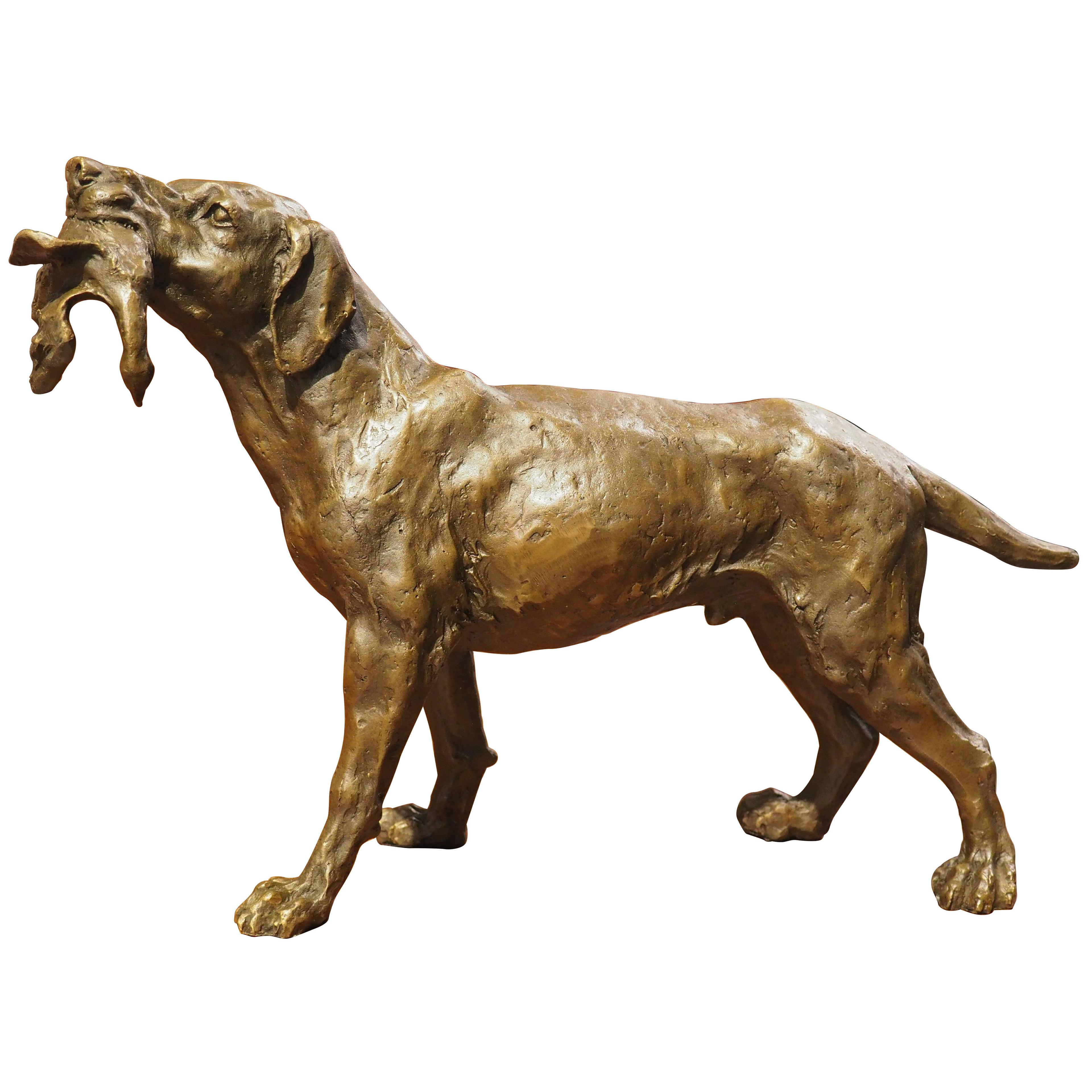 Patinated Cast Bronze Hunting Dog Sculpture, 20th Century