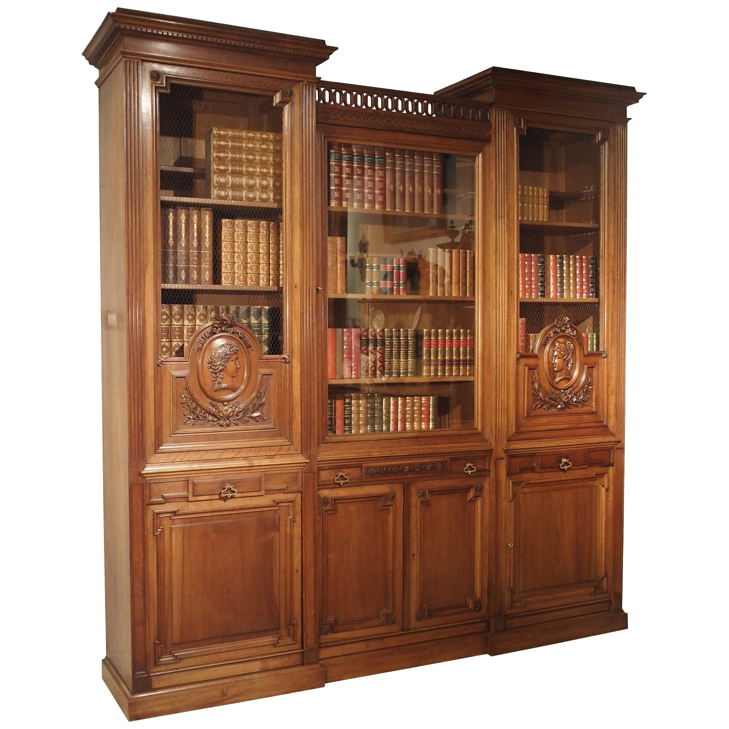 Antique Walnut Wood Louis XVI Style Bibliotheque from France, circa 1880