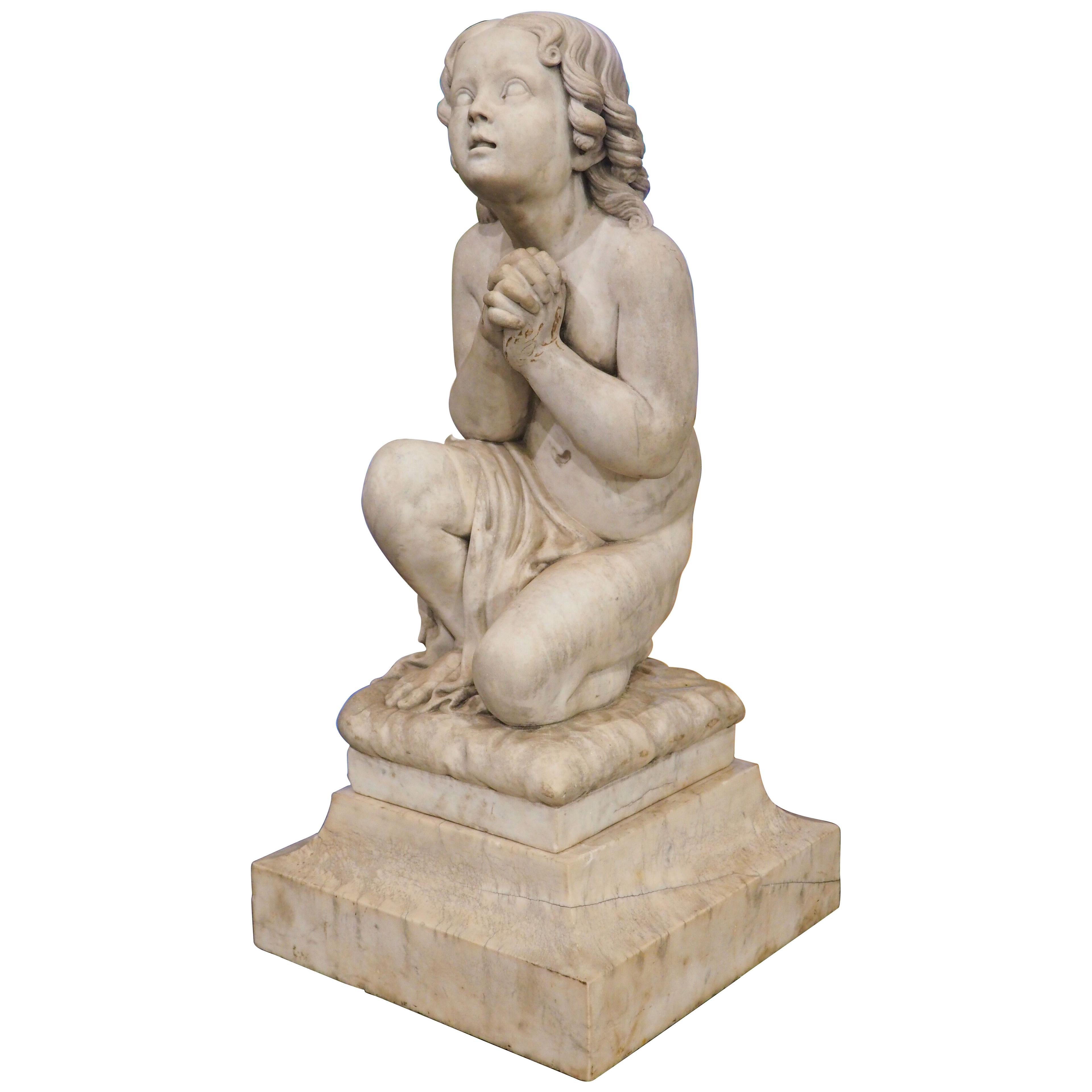 19th Century Carved Italian Marble Statue of a Praying Child