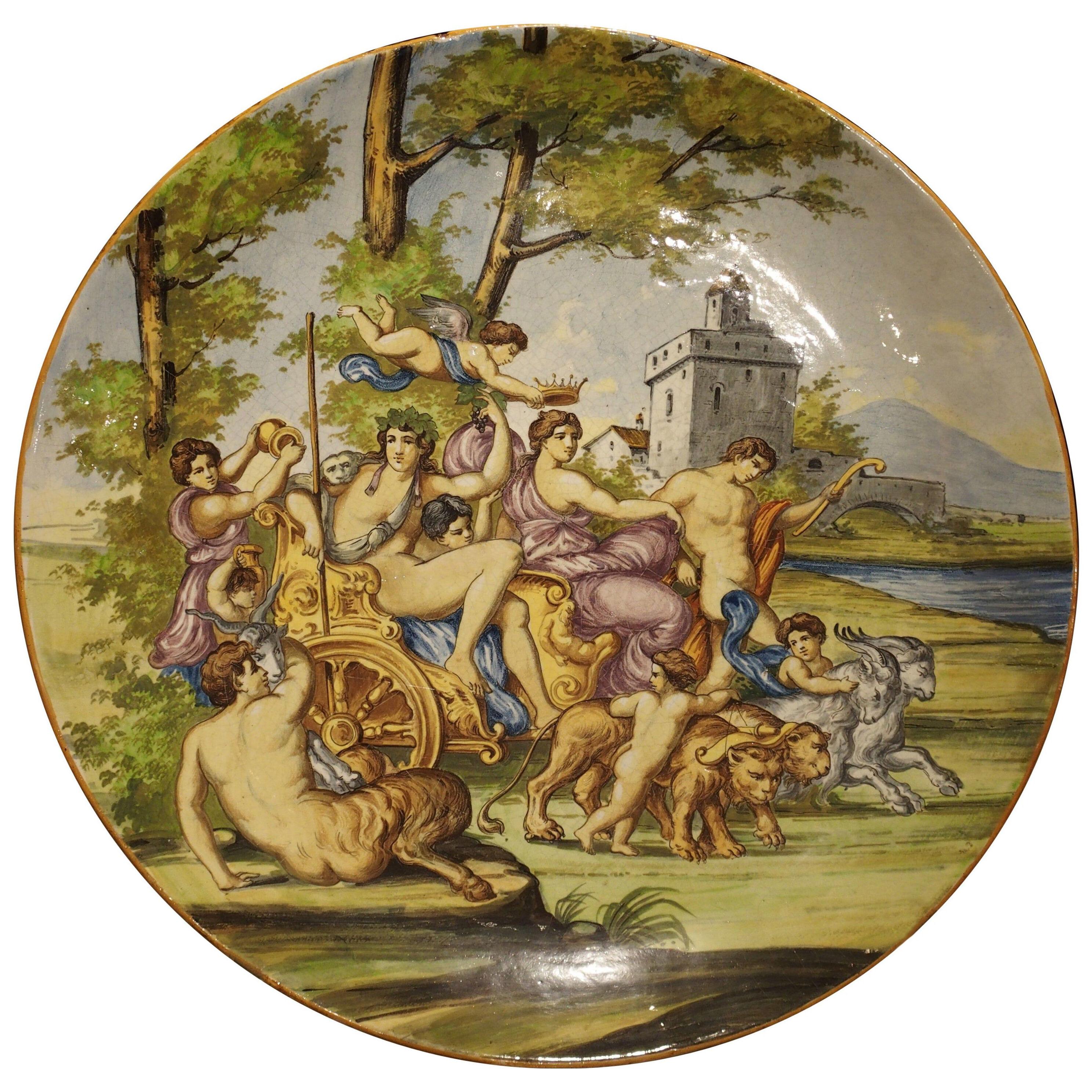 Large Antique Italian Majolica Platter, Bacchus and Ariadne