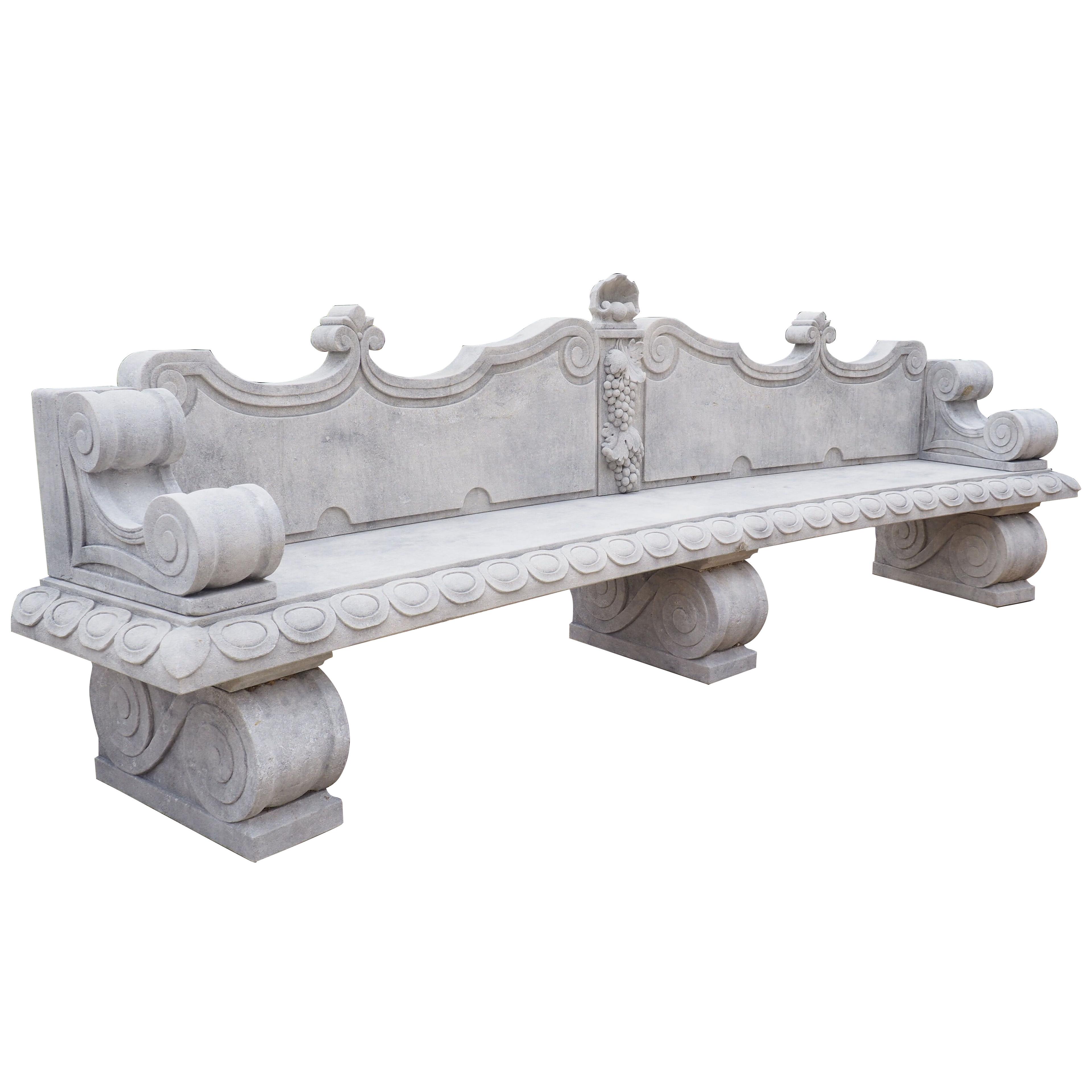 Beautifully Carved Limestone Bench with Fleur De Lys, Scrolls and Grape Clusters