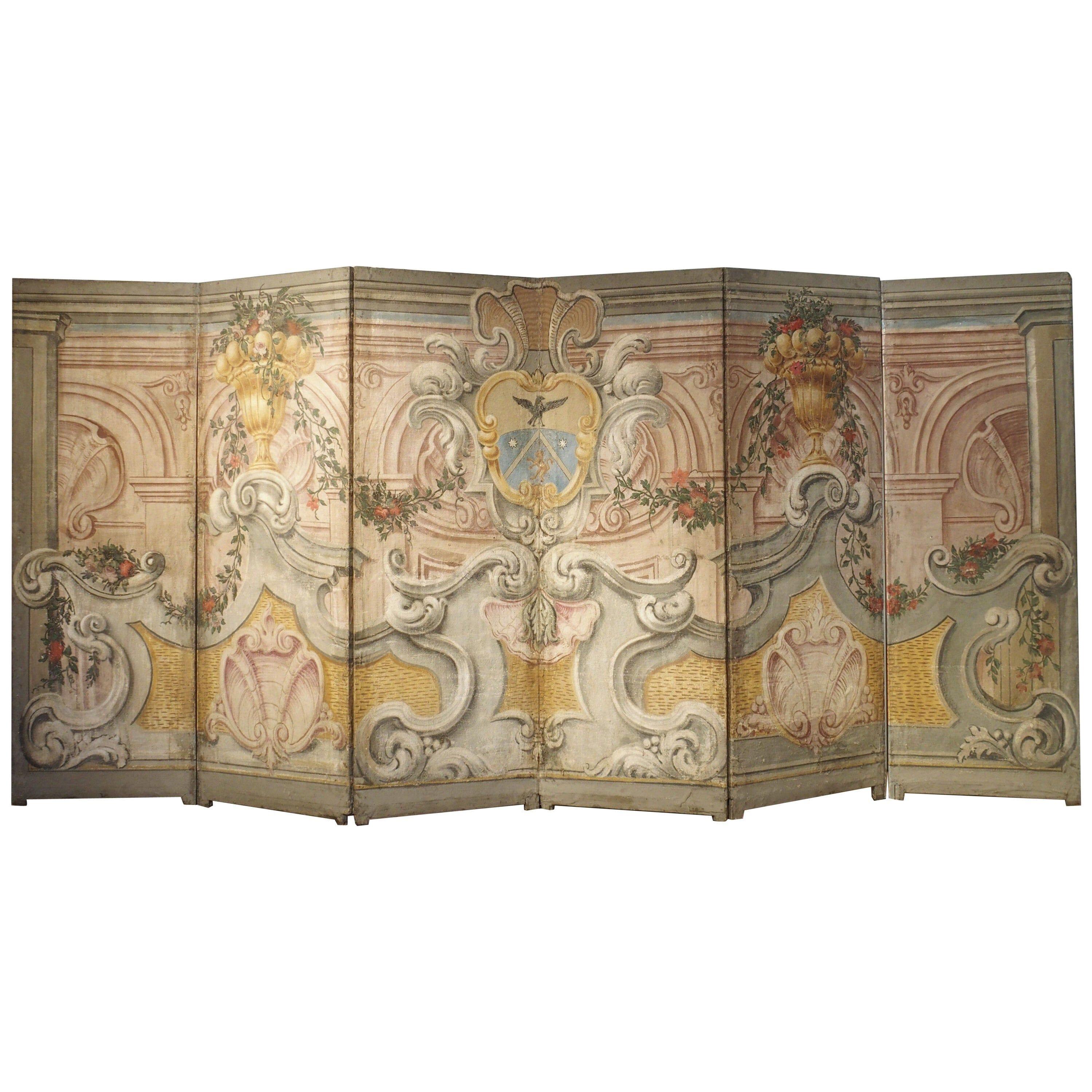 Spectacular Painted Six-Panel Armorial Baroque Screen from Italy, Circa 1700