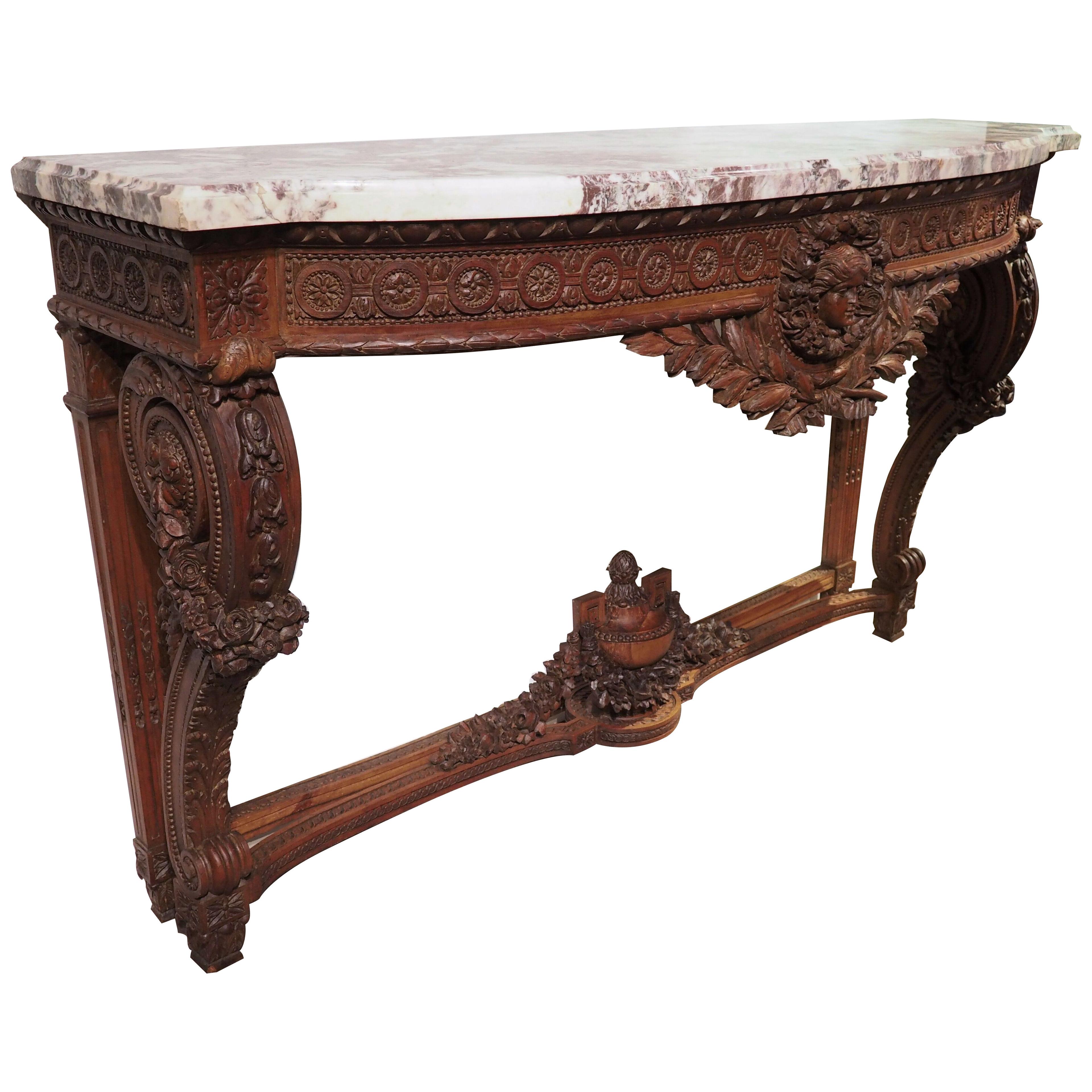 French Louis XVI Console Table in Mahogany with Breche Violette Marble, C. 1850