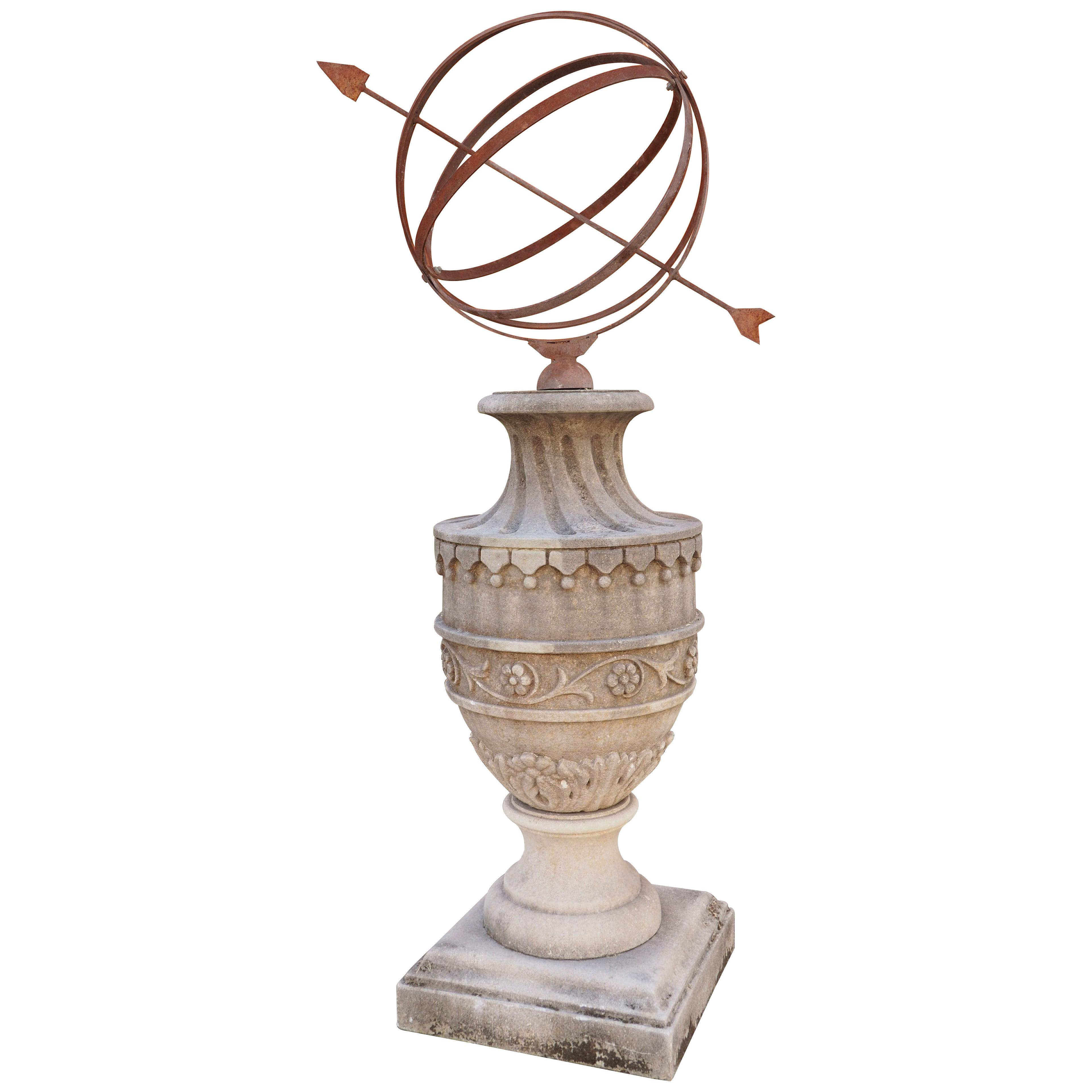 Limestone Garden Armillary Sundial with Carved Tassels and Floral/Foliate Motifs