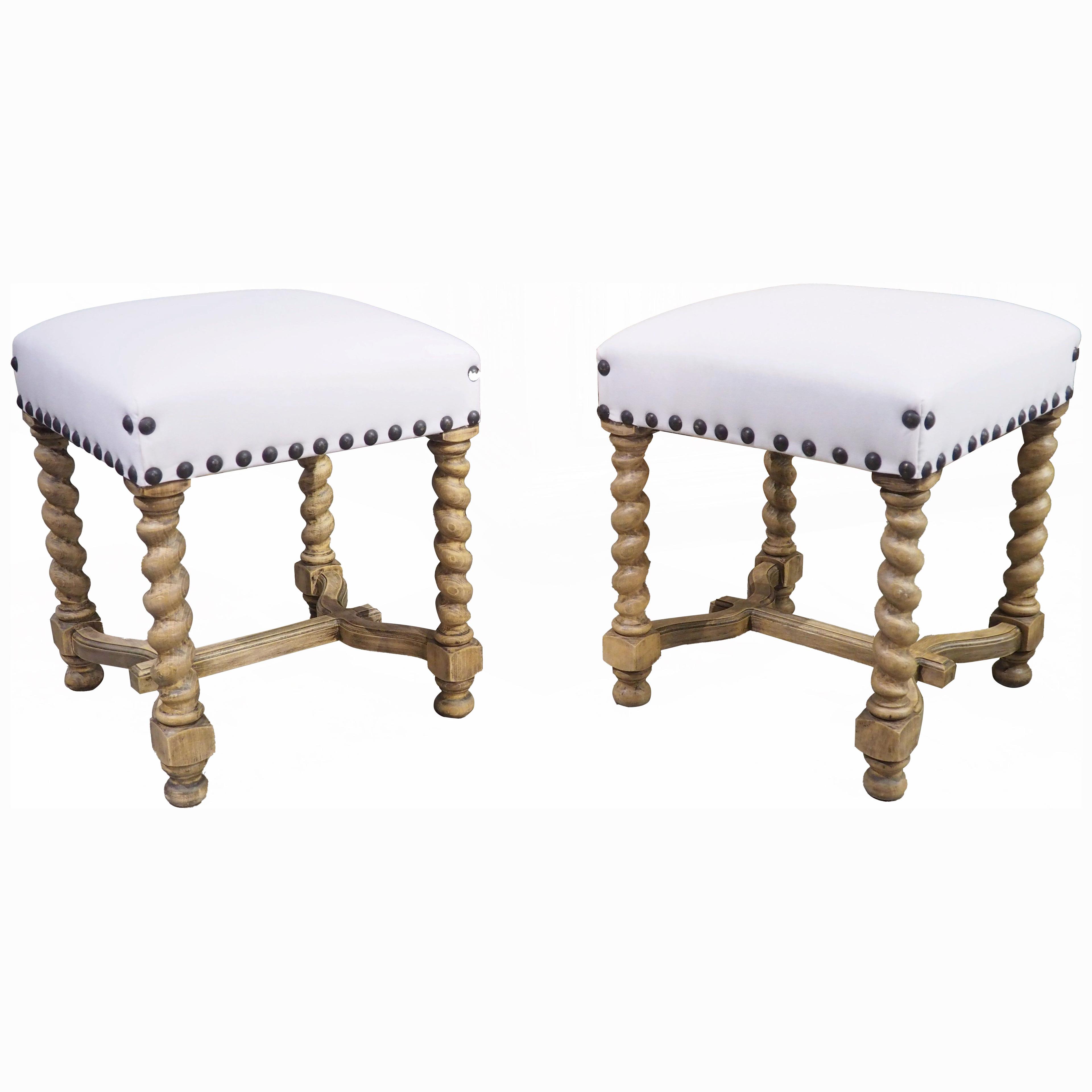 Pair of Early 1900s Bleached French Stools with White Cotton and Nailhead Trim