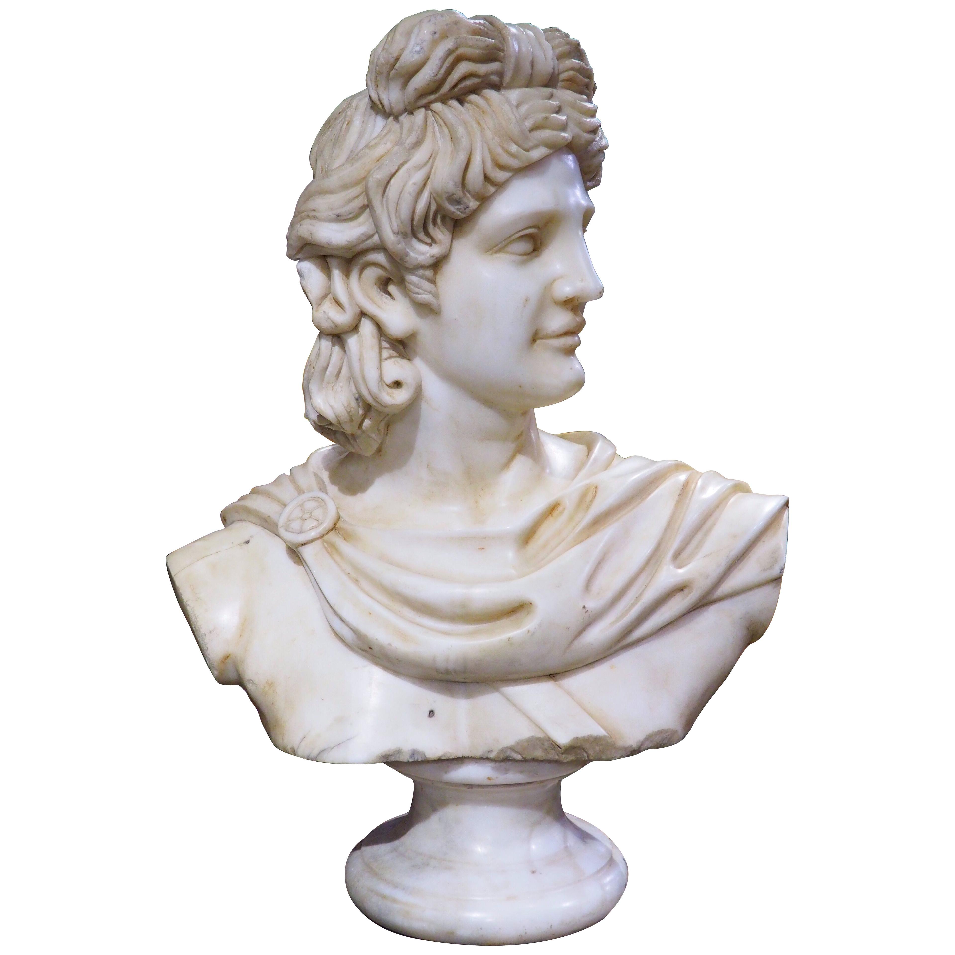 Antique Italian Carved Marble Bust of Apollo Belvedere, 19th Century