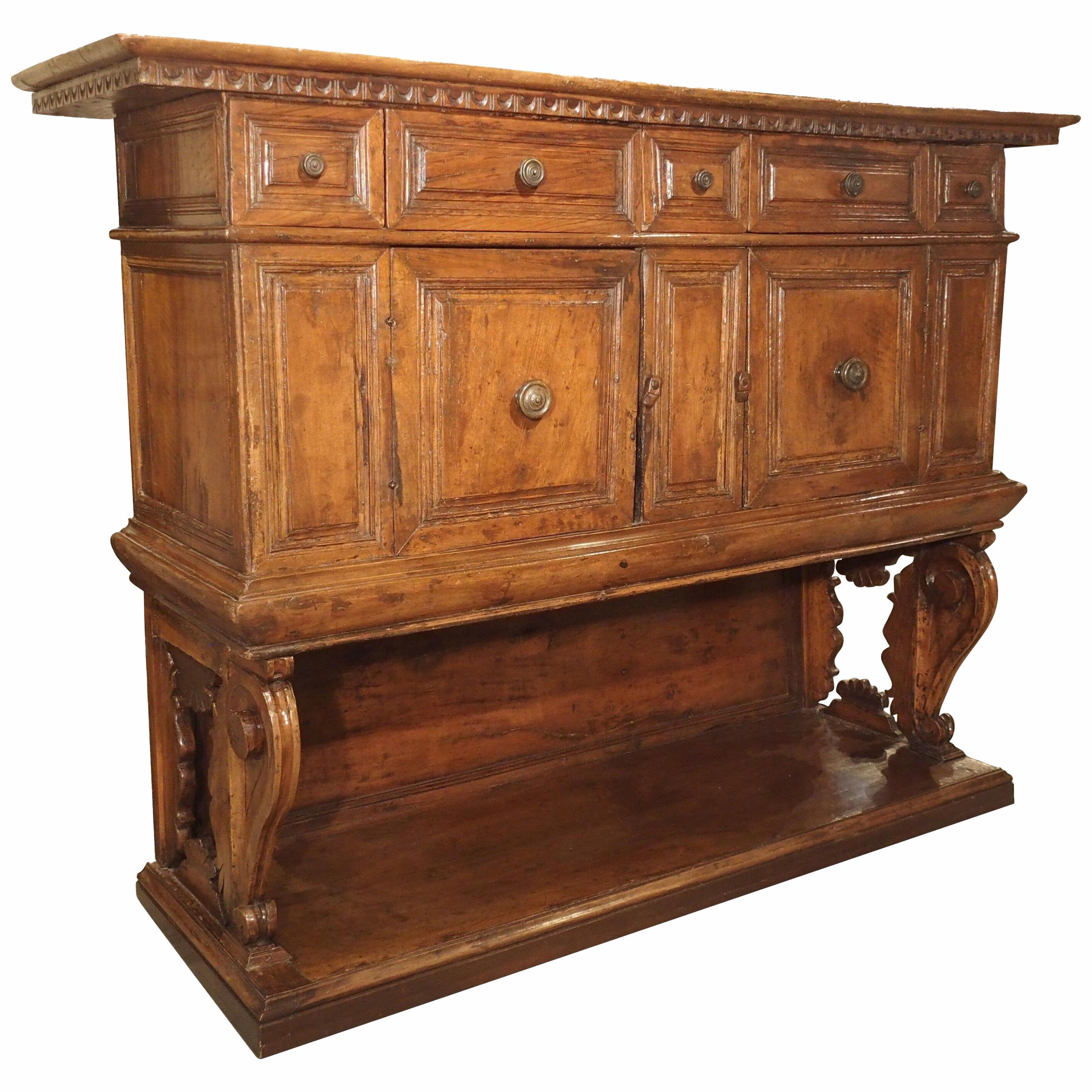 17th Century Italian Walnut Wood “Madia” Cabinet with Carved Bracket Base