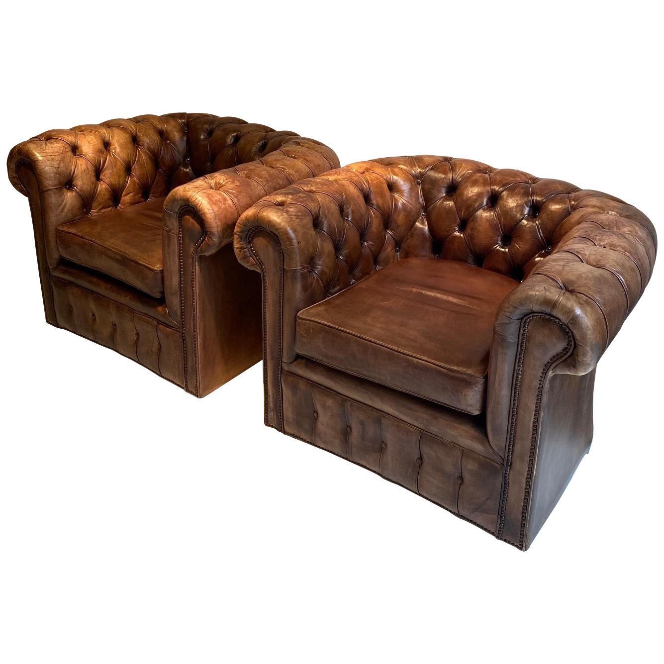 Pair of vintage English hand dyed Leather Chesterfield Club Chairs