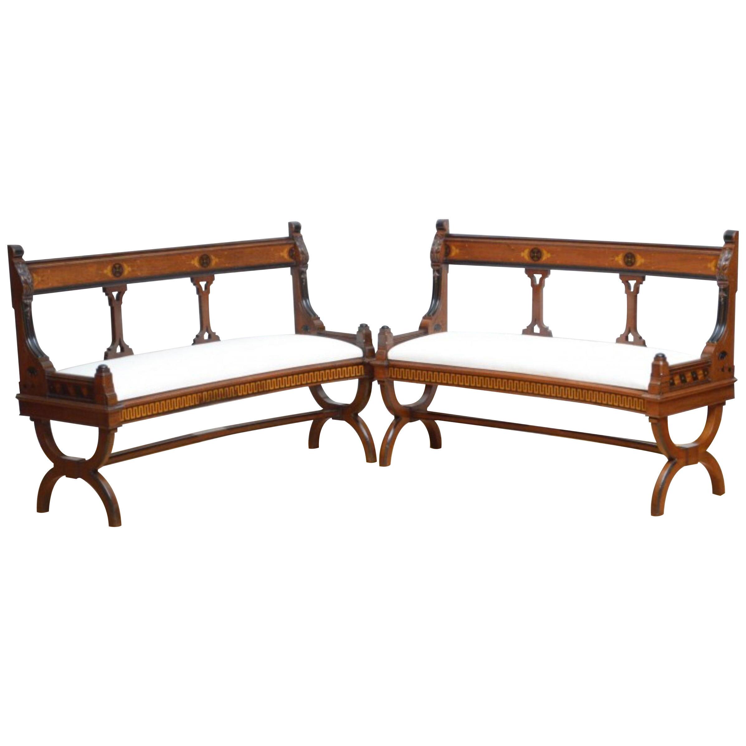 Pair of Victorian Walnut Curved Hall Benches