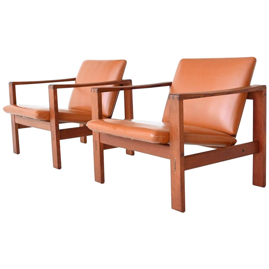 Pair of brutalist lounge chairs pine wood The Netherlands 1960