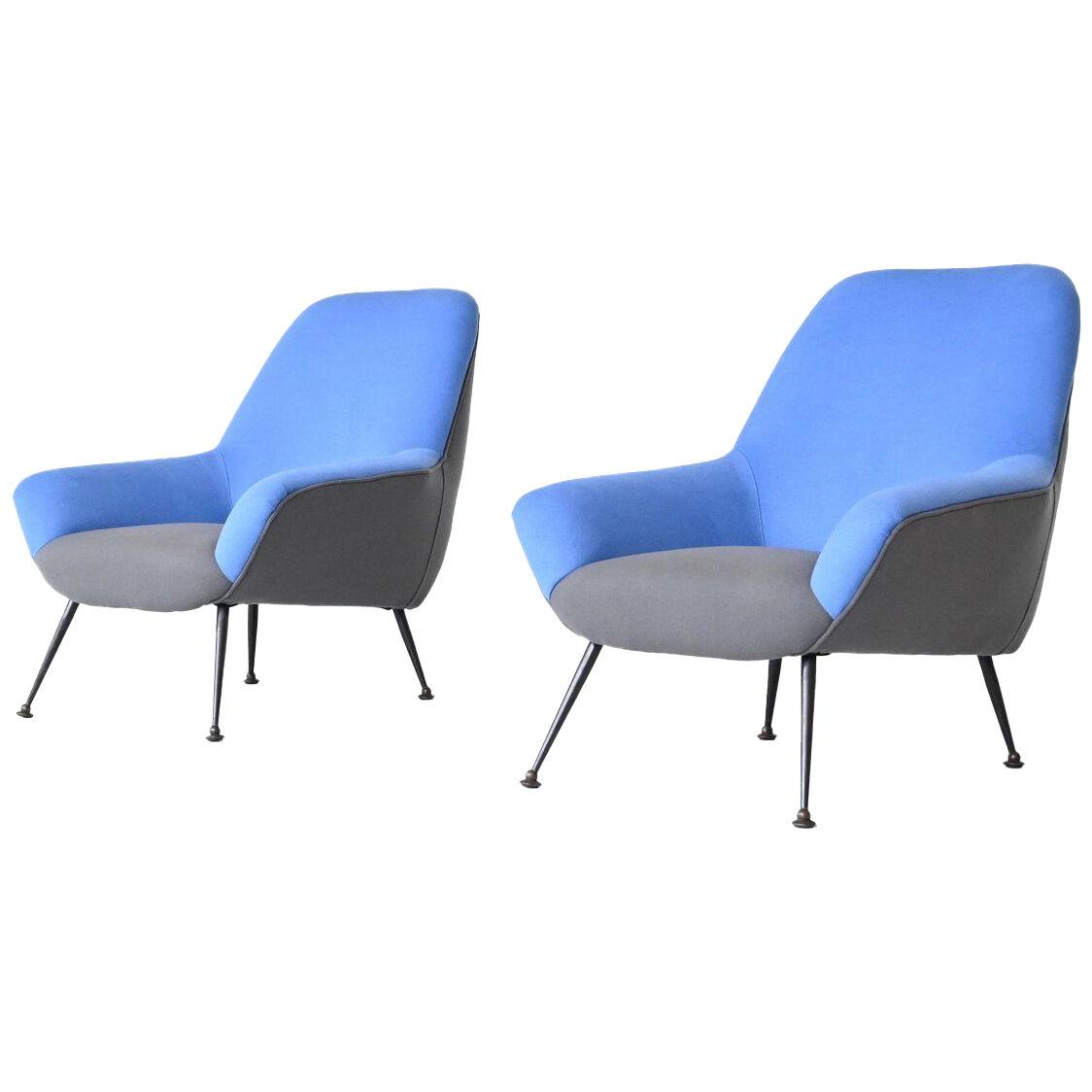 Italian pair of lounge chairs in blue and grey felt wool Italy 1950