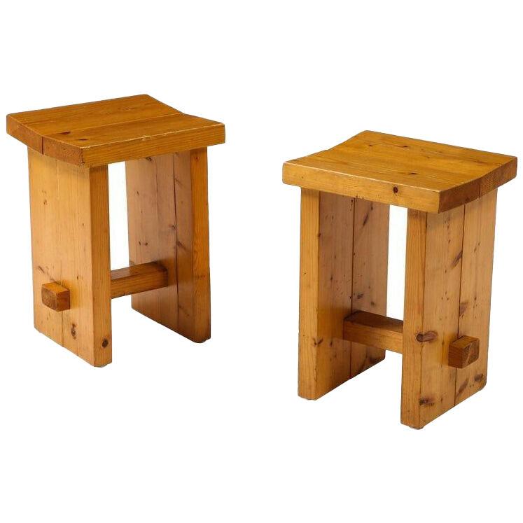 Pair of Perriand Style Brutalist Pine Stools, France, 1960's