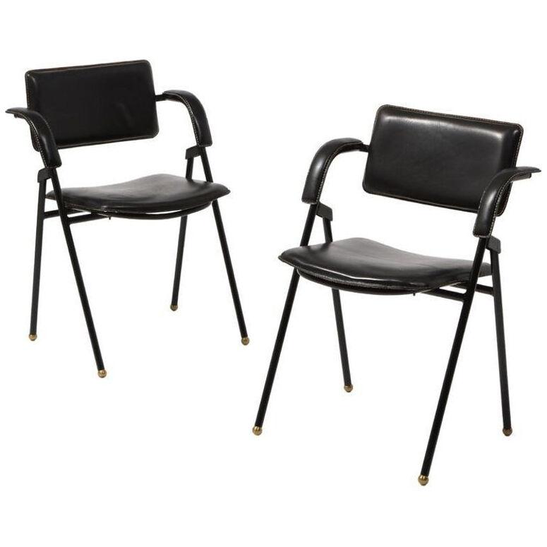 Jacques Adnet Pair of Folding Leather Chairs, France 1950's