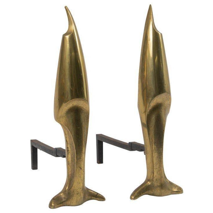 Large Bronze Andirons in the Style of Pierre Legrain, France 1950s