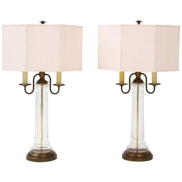Neoclassical Glass and Brass Lamps with Pink Silk Shades, France, 1960's