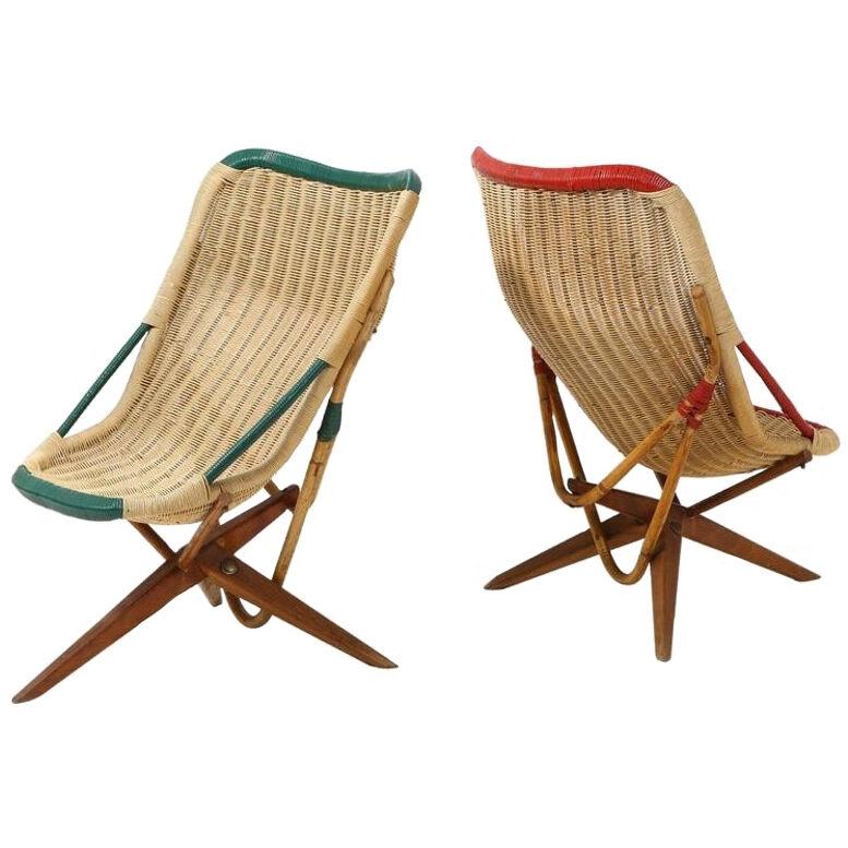 Pair of Rattan "Chistera" Chairs, France, 1950's
