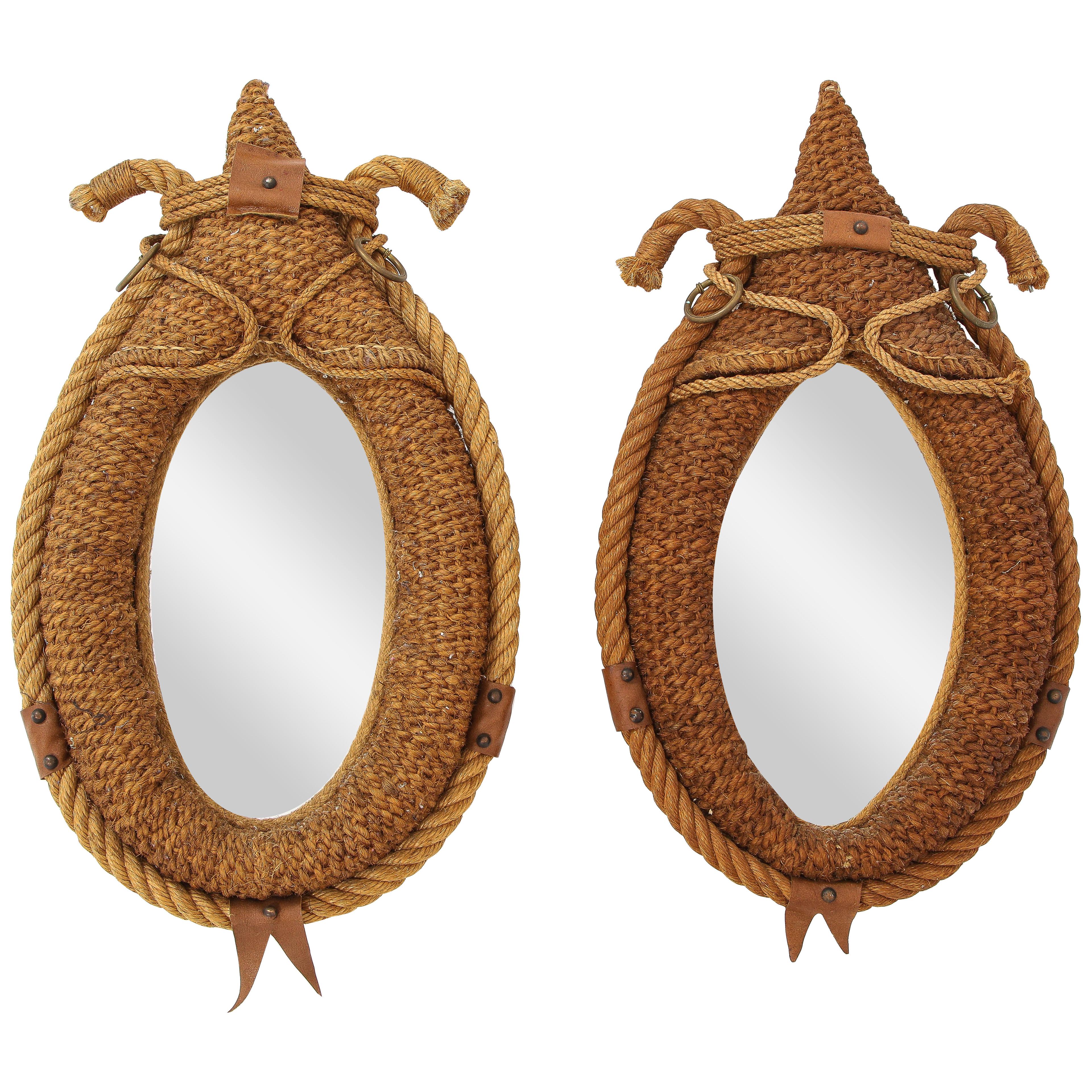 Pair of Rope and Leather Mirrors, France 1960's