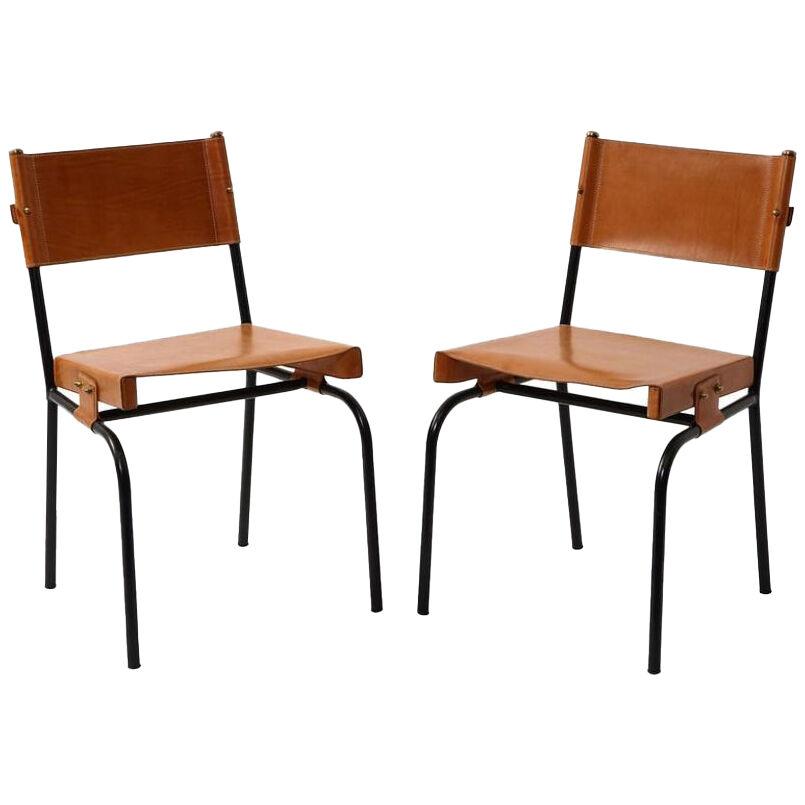 Pair of Jacques Adnet Leather Dining Chairs