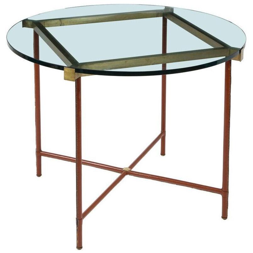 Jacques Adnet Center Table in Stitched Leather, Bronze and Gllass, France, 1950s