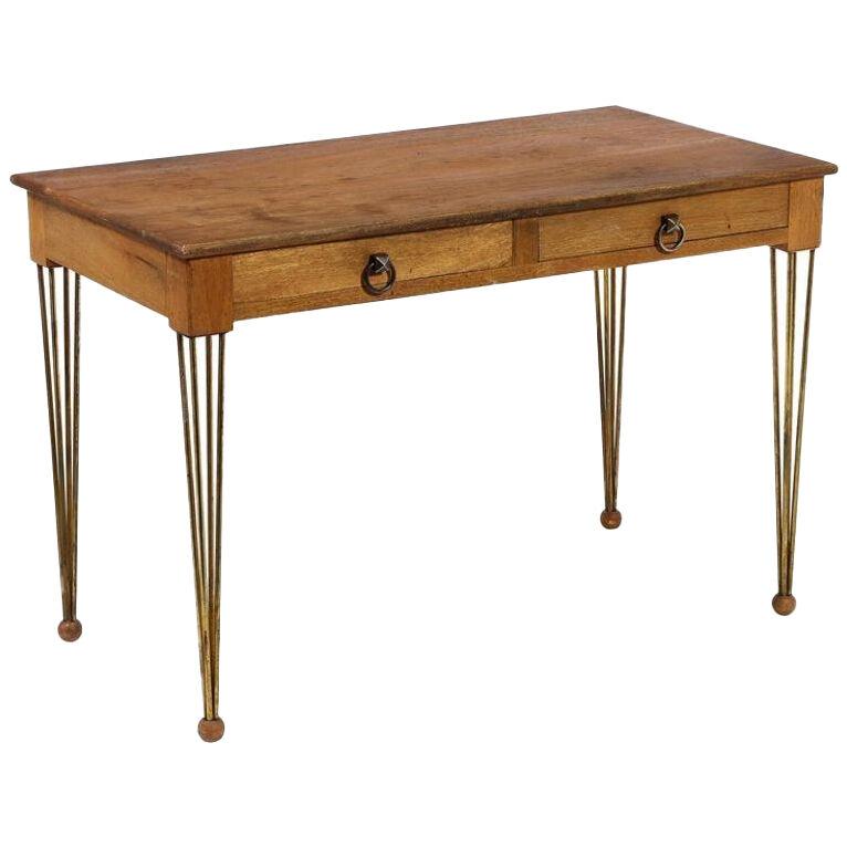 Walnut and Brass Writing Desk attributed to Jacques Adnet, France, 1950s