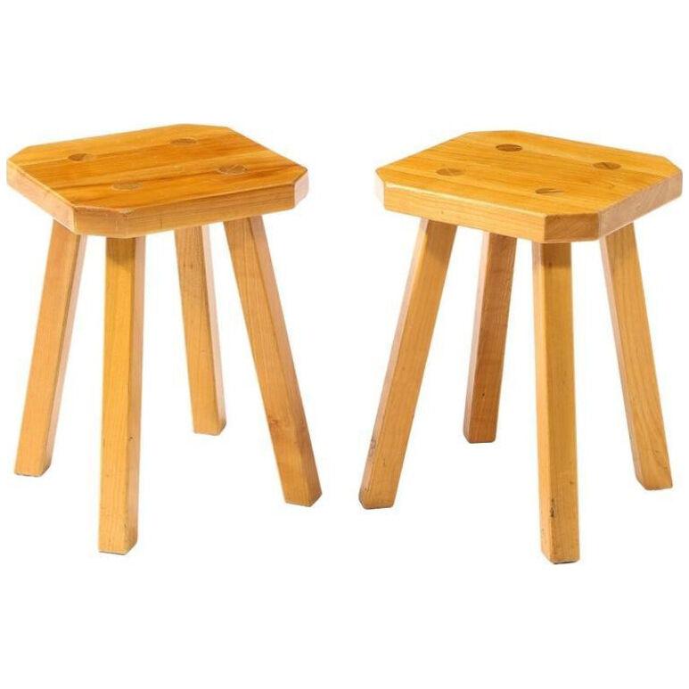 Pair of Elm Stools, France, 1960s