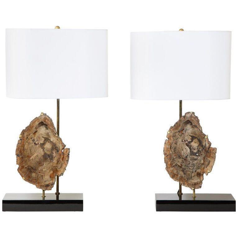 Petrified Wood Table Lamps on Black Lacquered Bases by Jansen, France, 1970s
