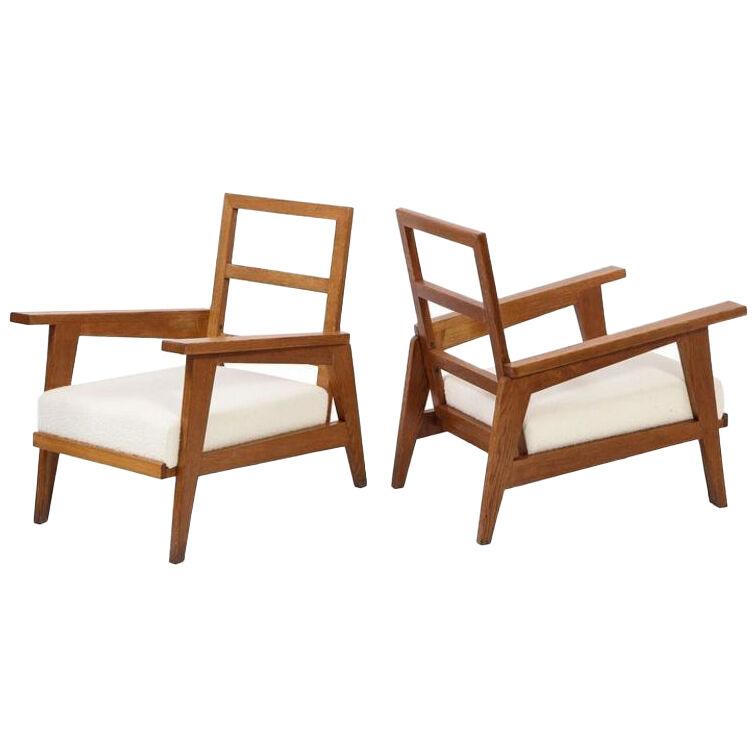 Reconstruction Oak Armchairs, Style of Gabriel, France, 1950s