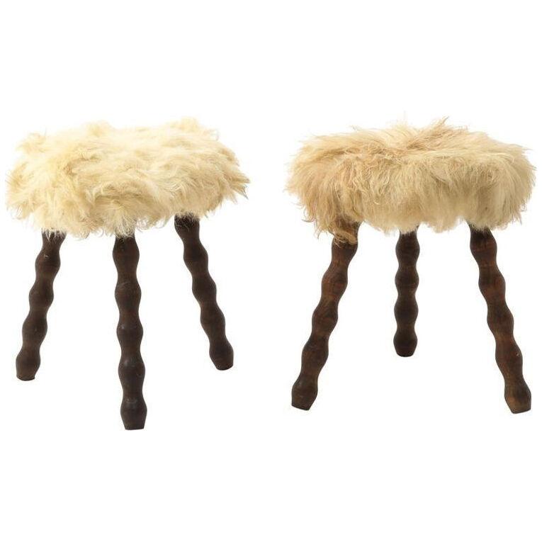 Pair of Faux Fur Stools, France 1960s