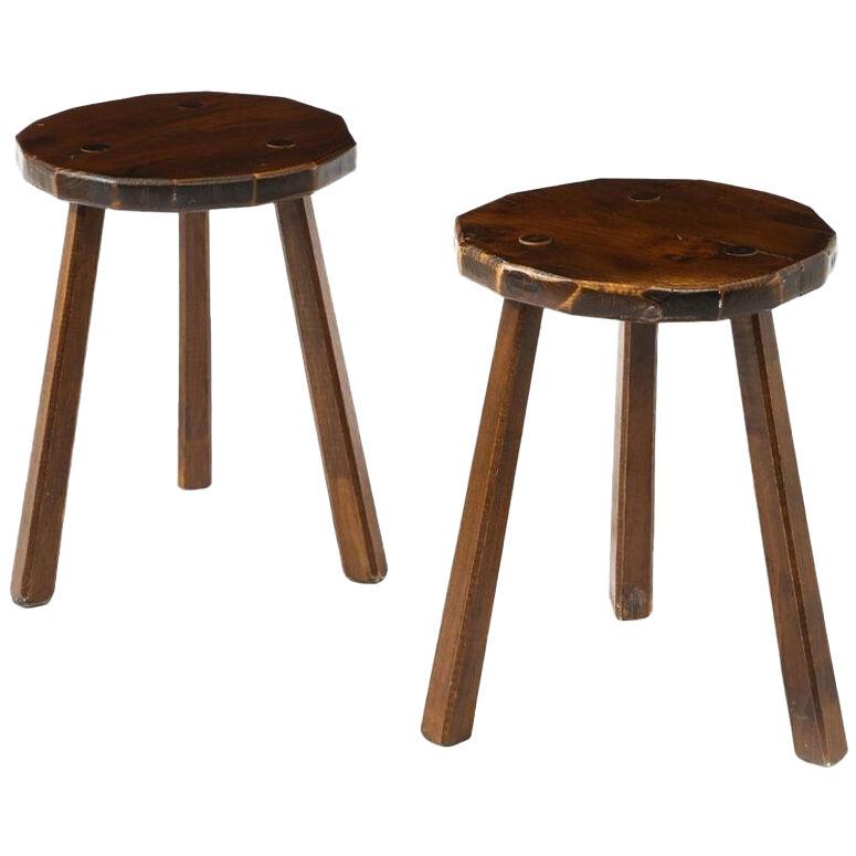 Pair of Elm Stools, France, 1960s