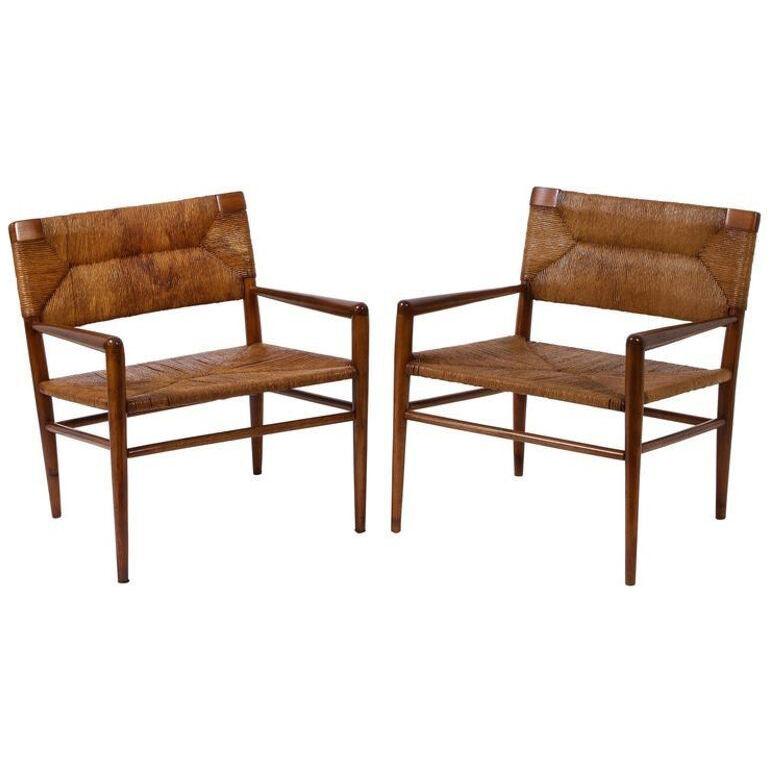 Pair of Vintage Oak and Rush Chairs by Mel Smilow, USA, 1960