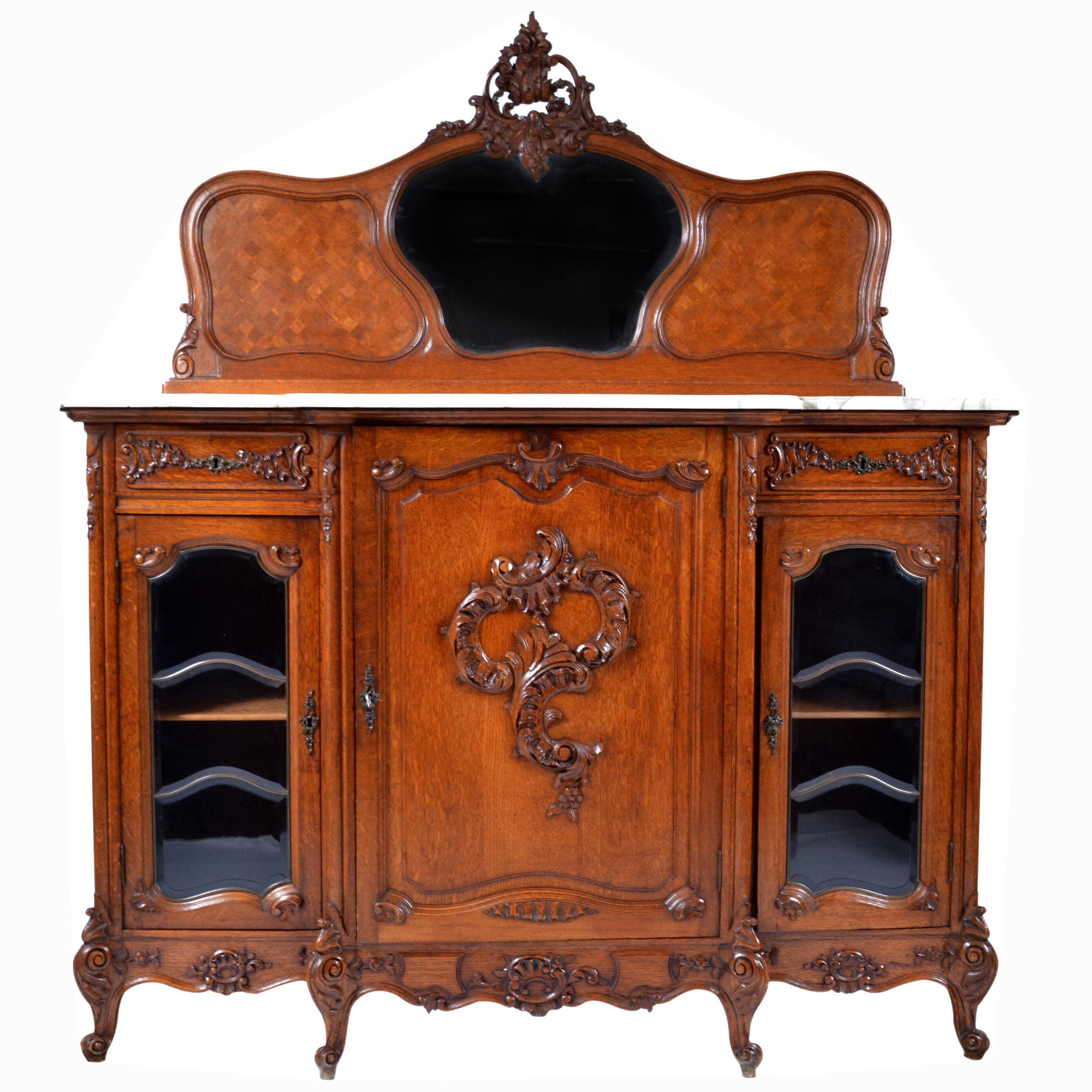 Antique Louis XV Oak Marble Top Sideboard, Buffet, Cabinet .19th Century. France