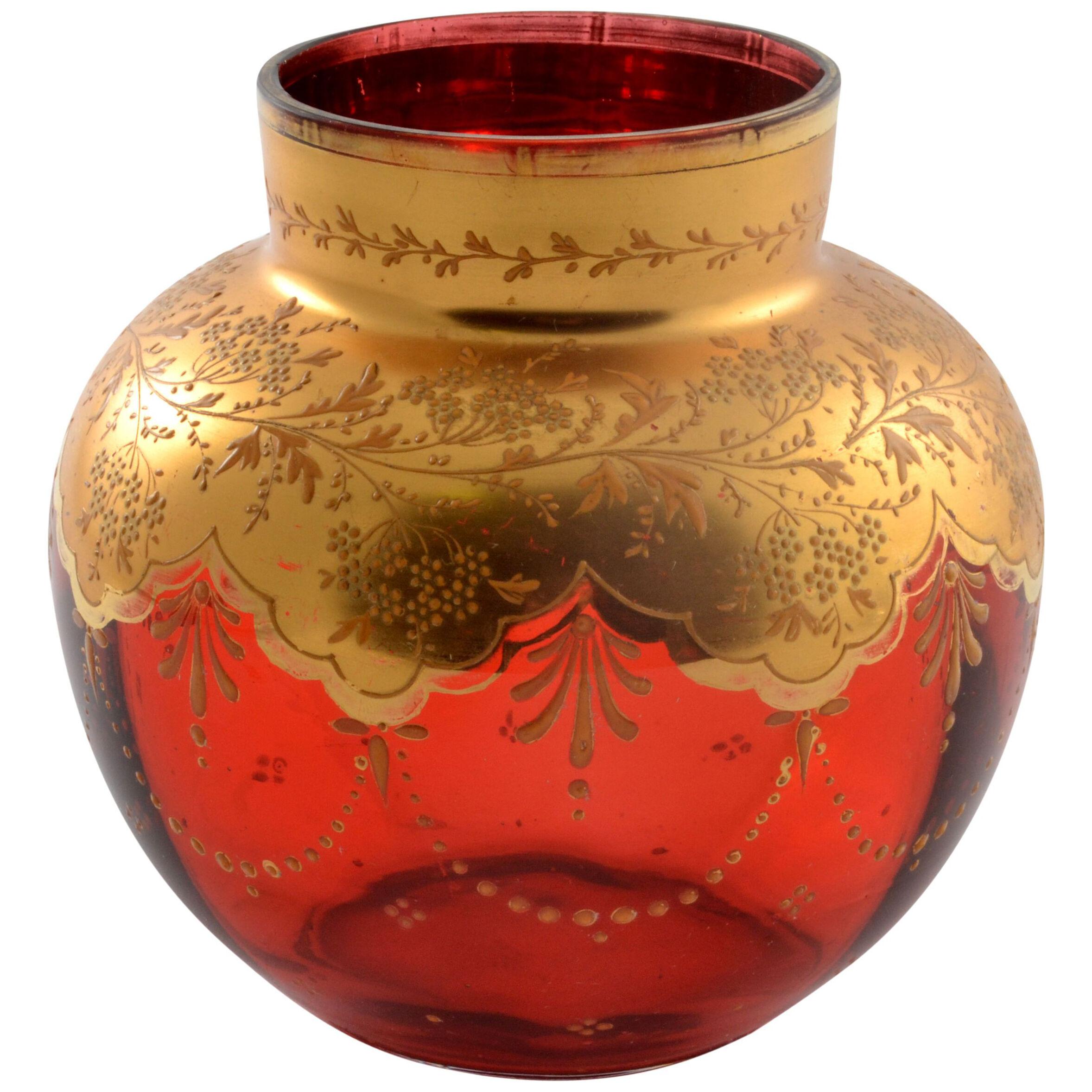 Antique Moser Vase Cranberry Gold Decoration Bohemian 19Th C.  