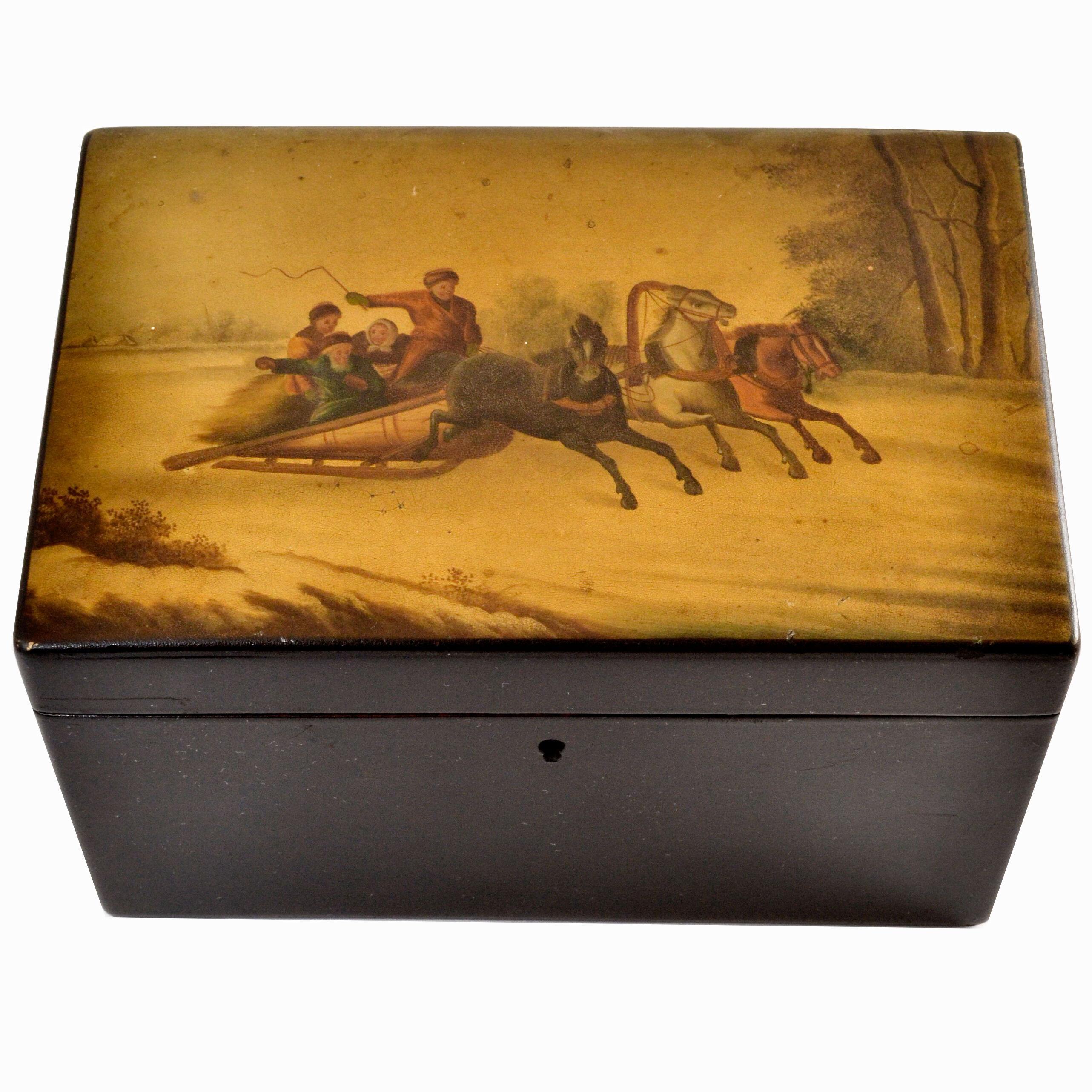 Antique Imperial Russia Tea Caddy Box “Troika“ Lacquer Painting, B.L. Vishnikov 